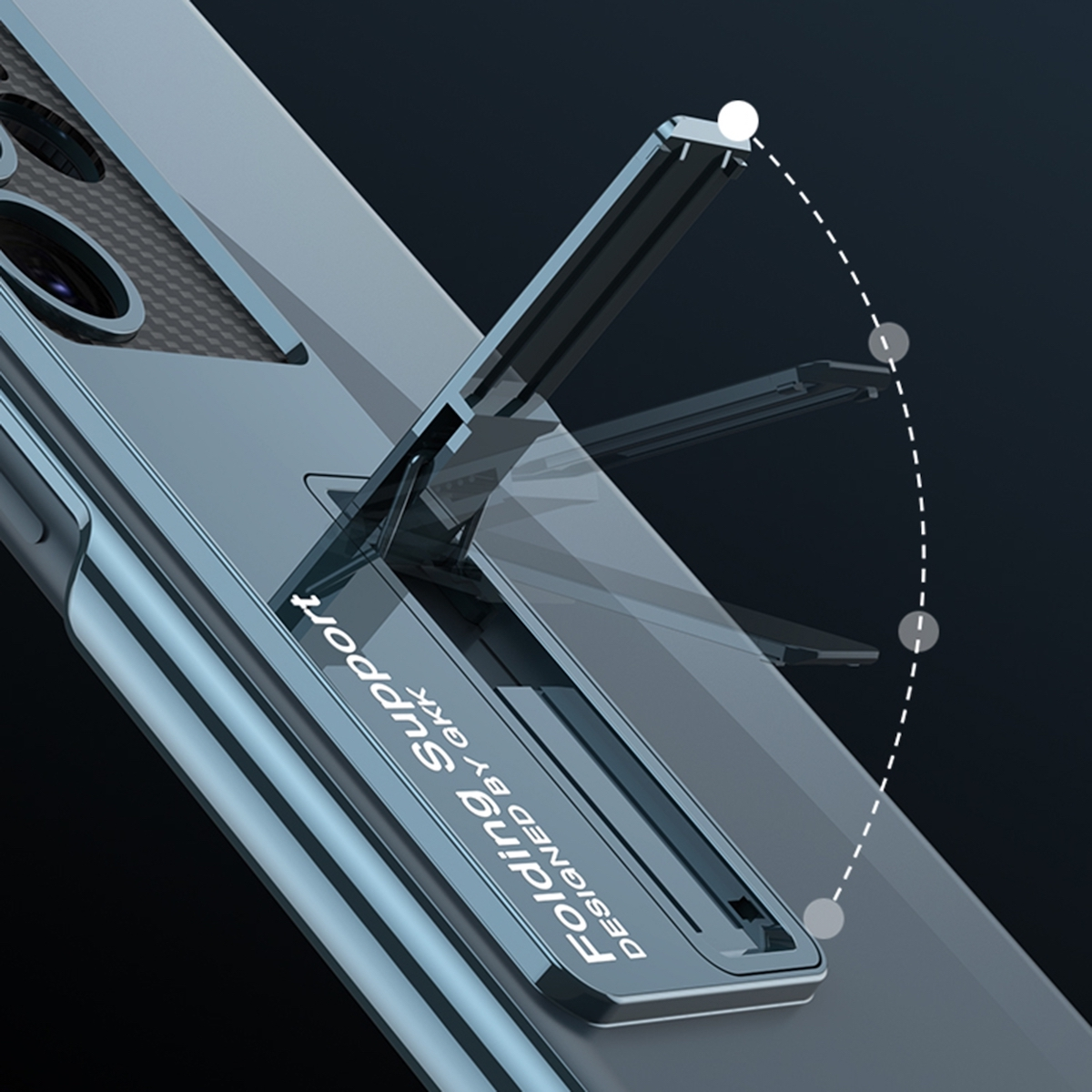 Blaue Handyhülle mit Klappständer, mit dem Wort 'Folding Support'.