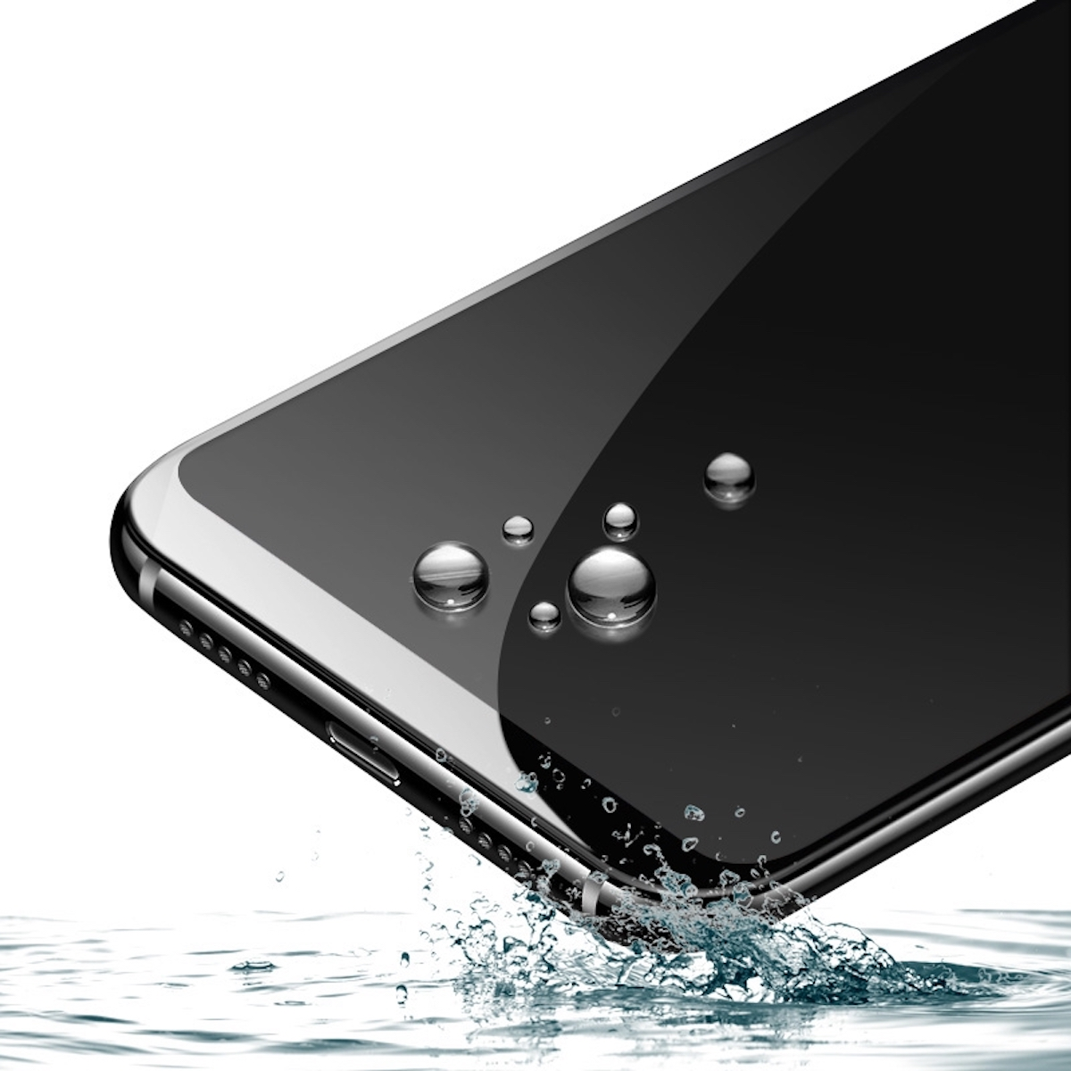 Ein Telefon mit Wassertropfen, Wasserspritzer im Hintergrund.