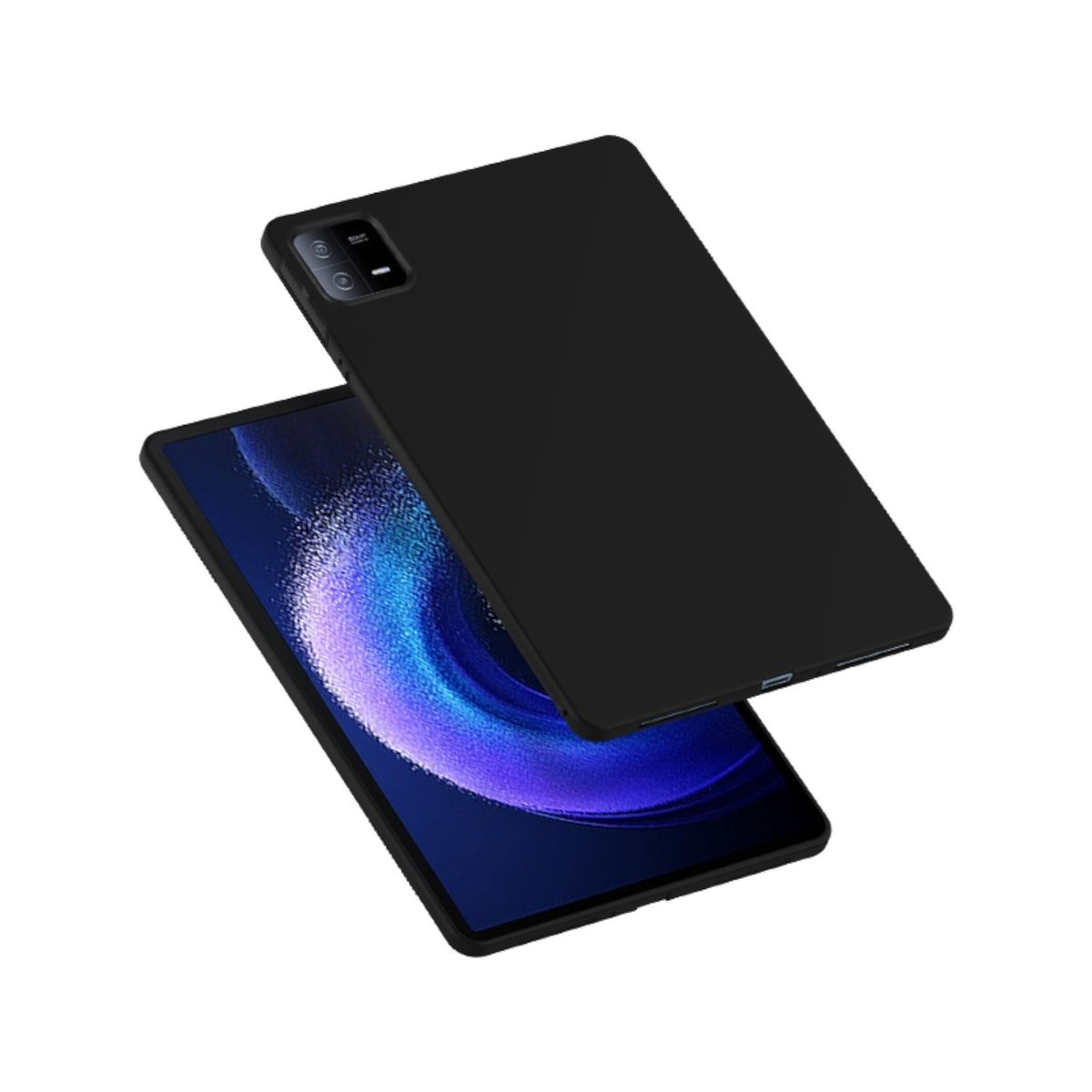 Schwarzes Tablet, die Vorderseite mit blauem Bildschirm. Die Rückseite ist schlicht schwarz. Weißer Hintergrund.