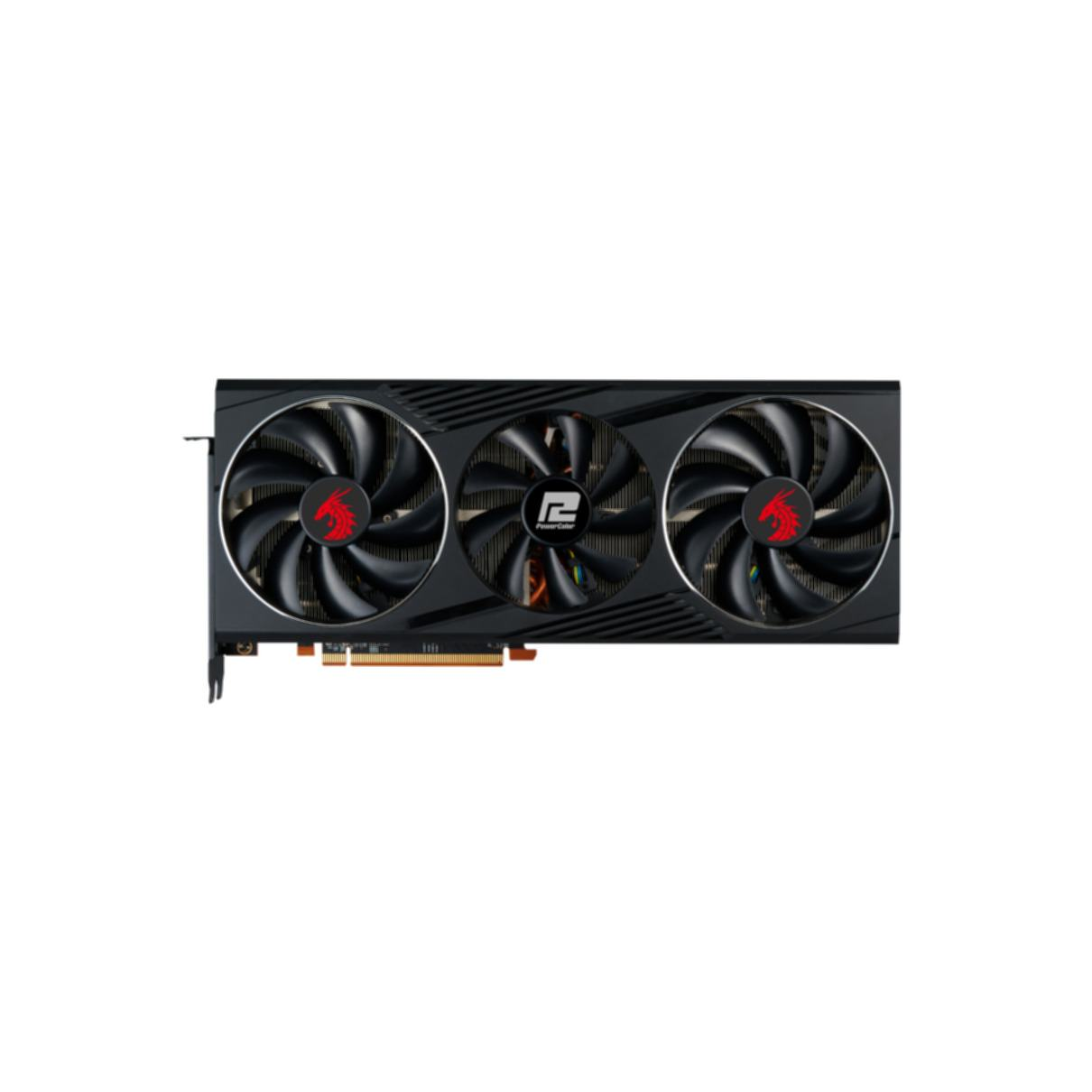 Schwarze PC-Grafikkarte mit drei Lüftern.
