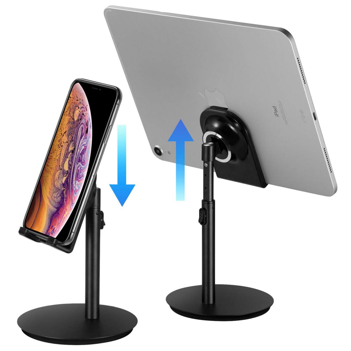 Tablet- und Telefonständer, mit Pfeilen zur Anpassung.