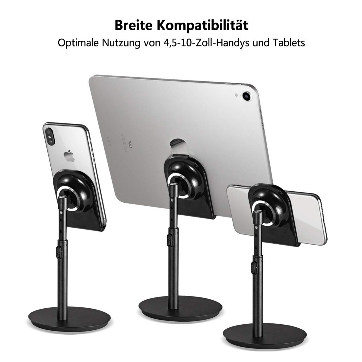 Drei schwarze Telefon-/Tablet-Ständer mit Geräten. Ein Tablet steht in der Mitte, Telefone flankieren es.