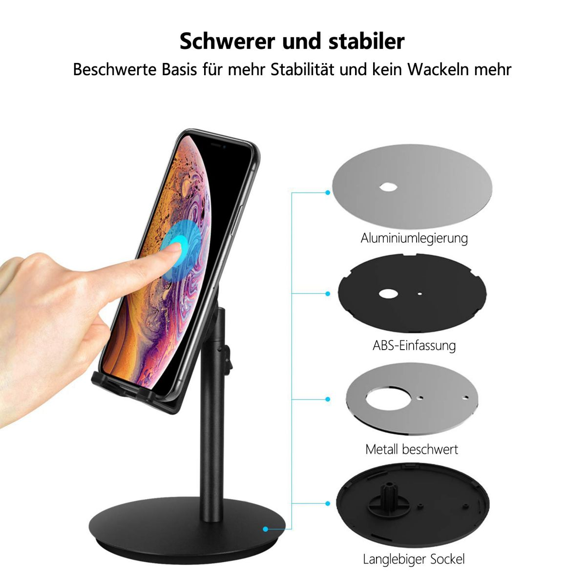Ein schwarzer Telefonständer mit einem Telefon darauf, mit angezeigten Komponenten. Ein Finger berührt das Telefon.