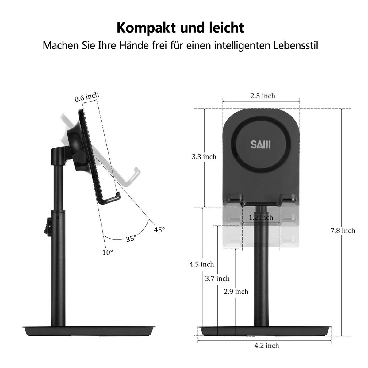 Tabletständer mit Maßen. Schwarzer Ständer mit verstellbarem Winkel. Abmessungen in Zoll.