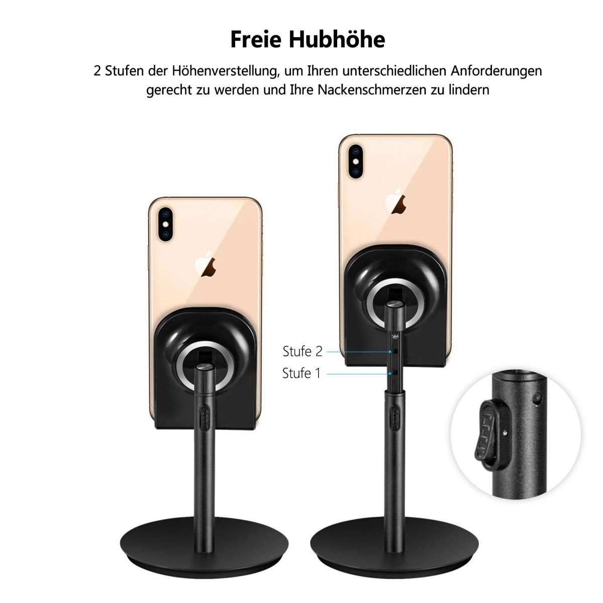 Zwei Ständer, jeweils mit einem Telefon. Einer hat eine höhere Einstellung. Detail der Ständereinstellung.