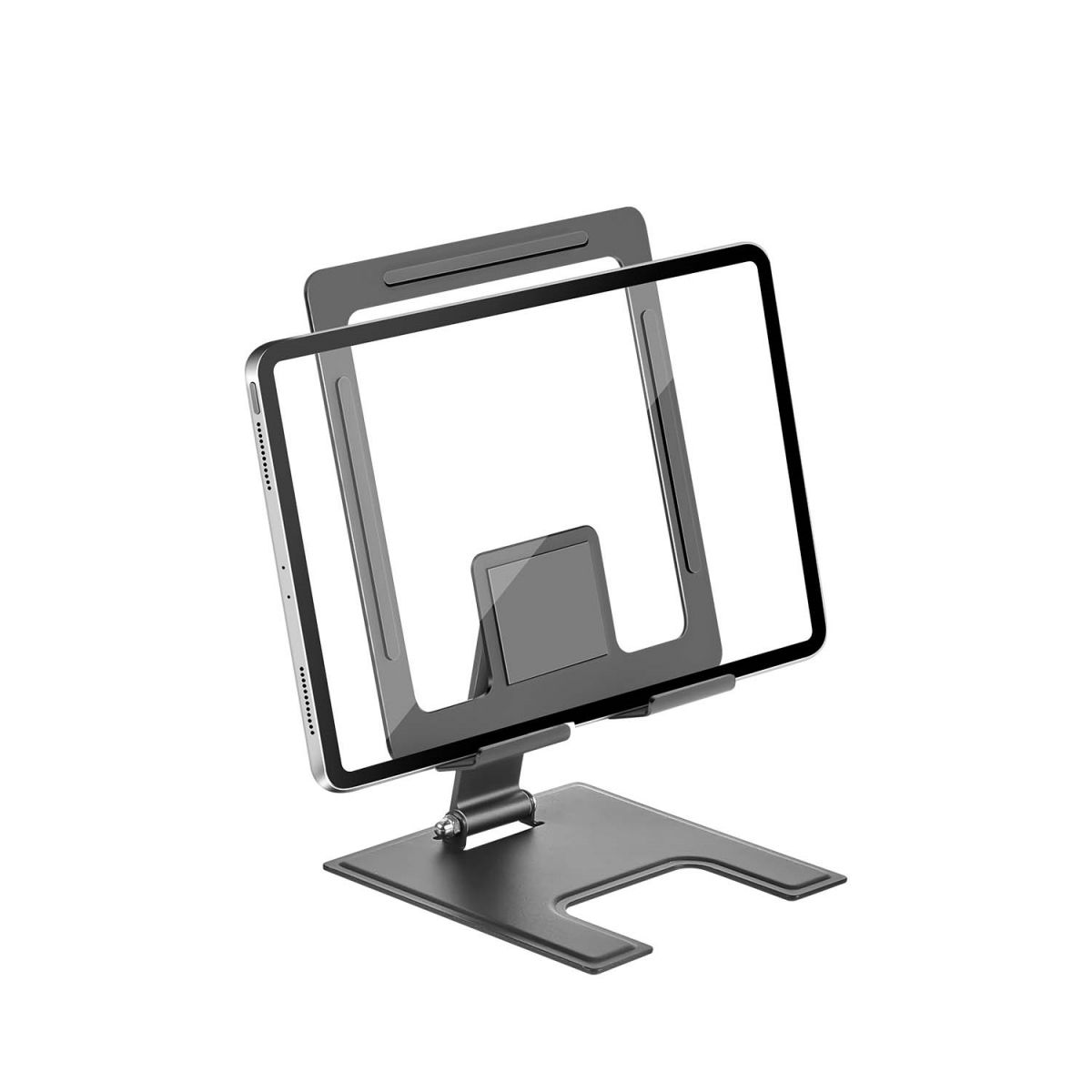 Tabletständer, schwarz, mit Tablet. Einstellbarer Winkel. Weißer Hintergrund.