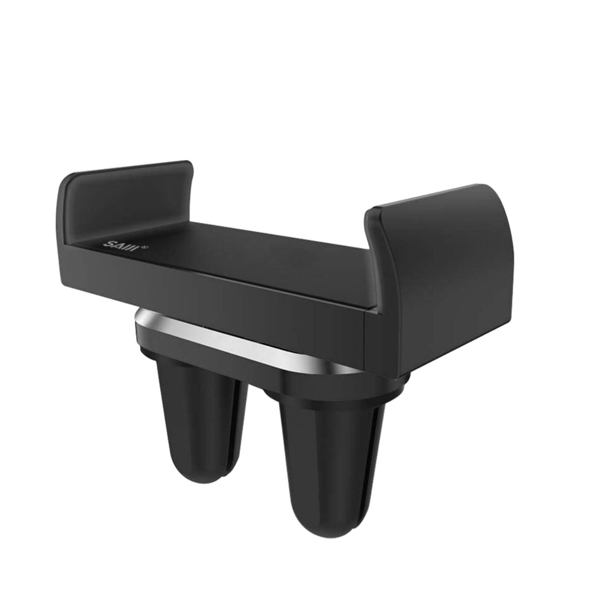 Schwarzer Handyhalter für die Lüftung im Auto, weißer Hintergrund. Telefonablage und zwei Clips.