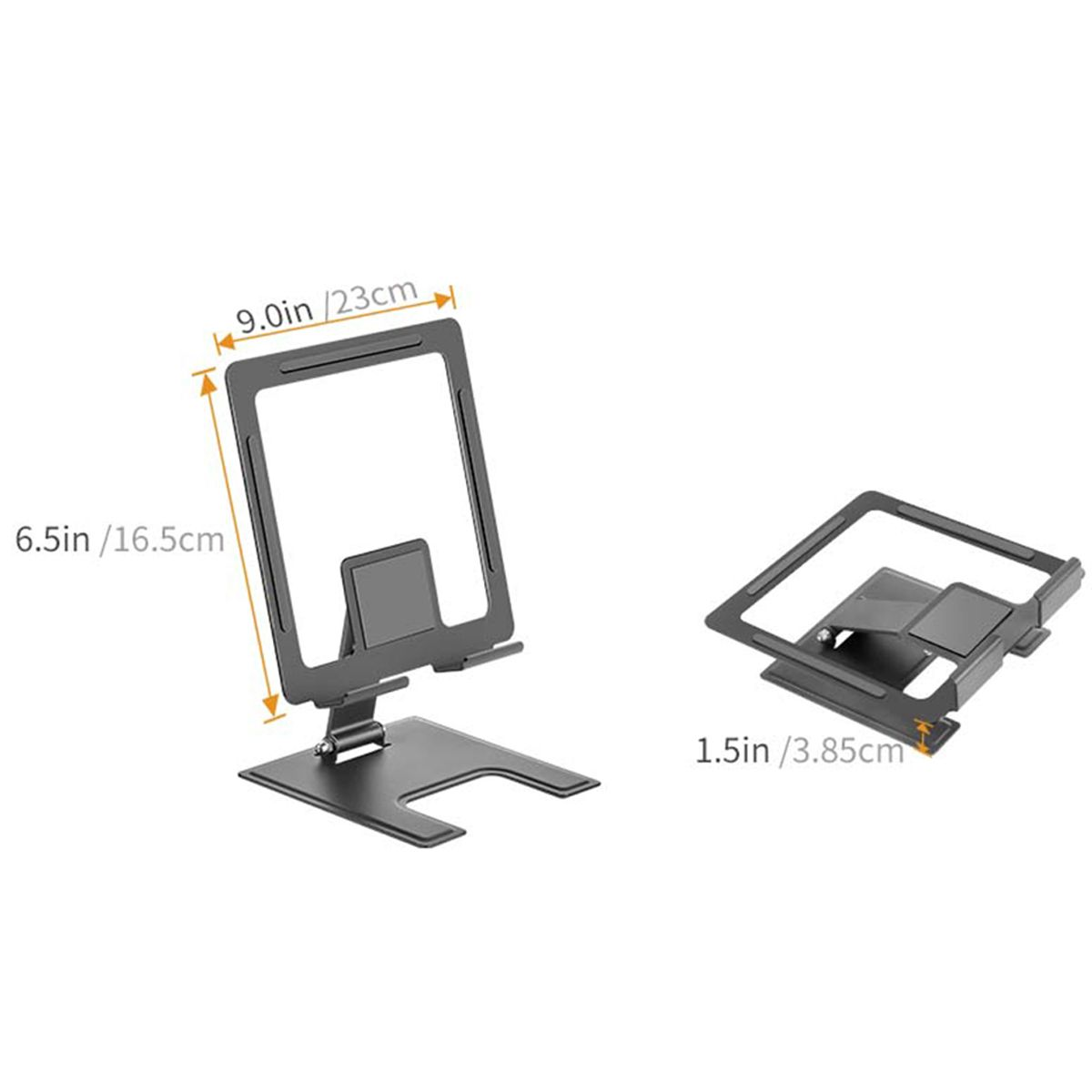 Tabletständer, schwarz, verstellbar, mit Abmessungen in Zoll und Zentimetern, auf weißem Hintergrund.