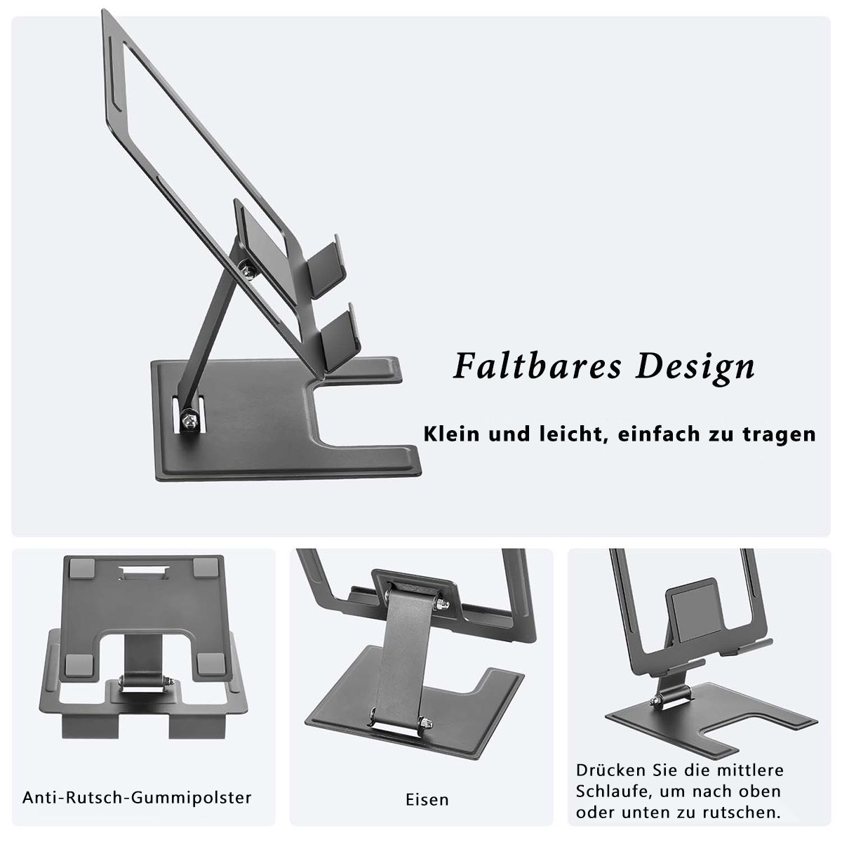 Ein faltbarer Laptop-Ständer. Enthält Text: Faltbares Design. Anti-Rutsch-Gummipolster und Eisen.