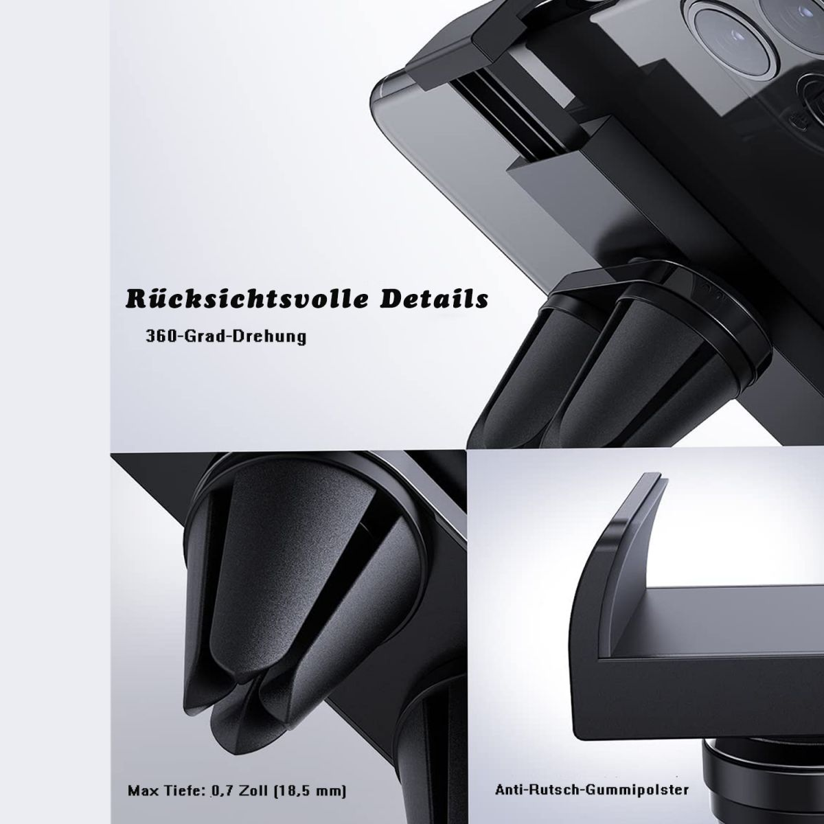 Schwarzer Autotelefonhalter mit Details und Text.