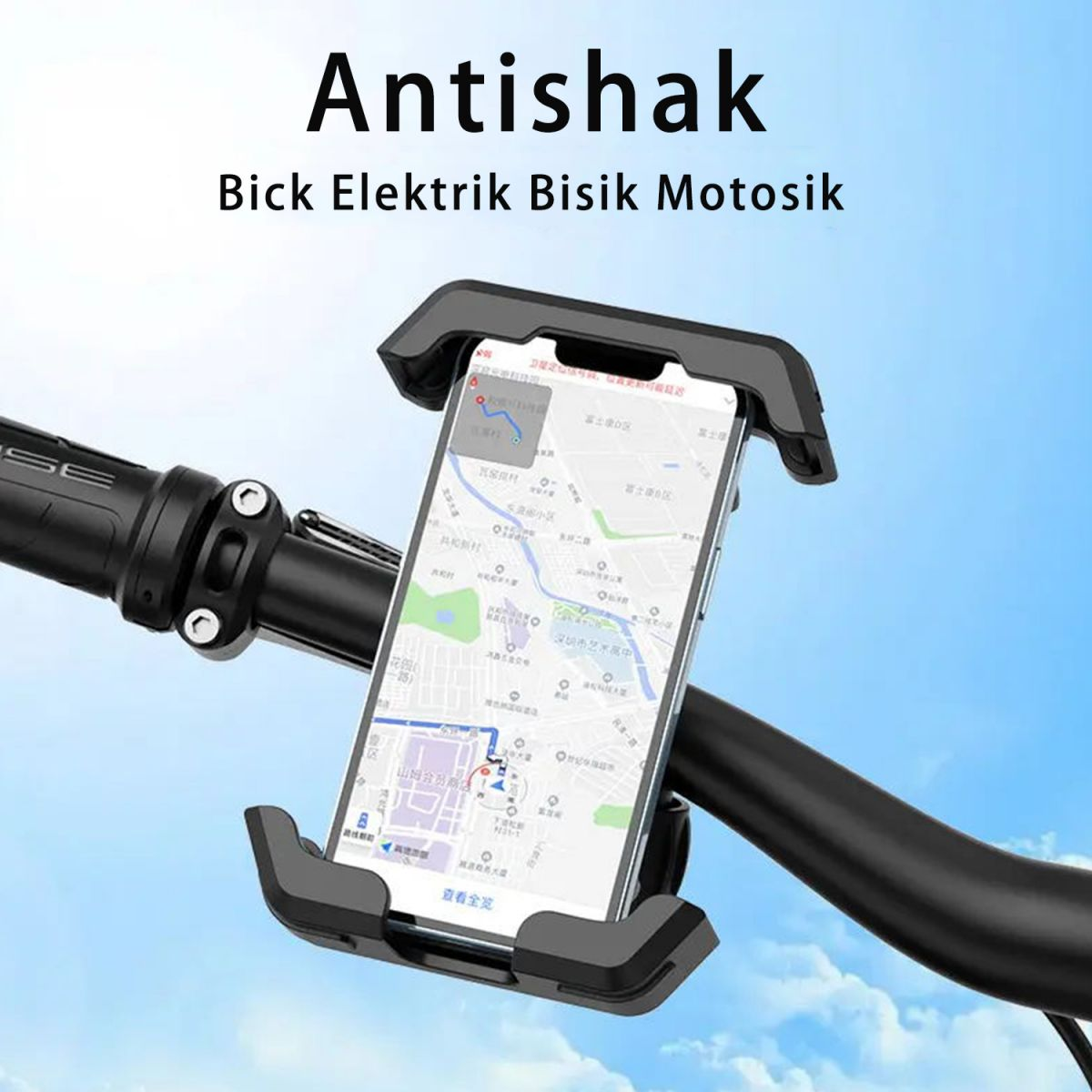 Ein Smartphone, das an einem Fahrradlenker befestigt ist, zeigt eine Kartenanwendung, schwarz und grau.