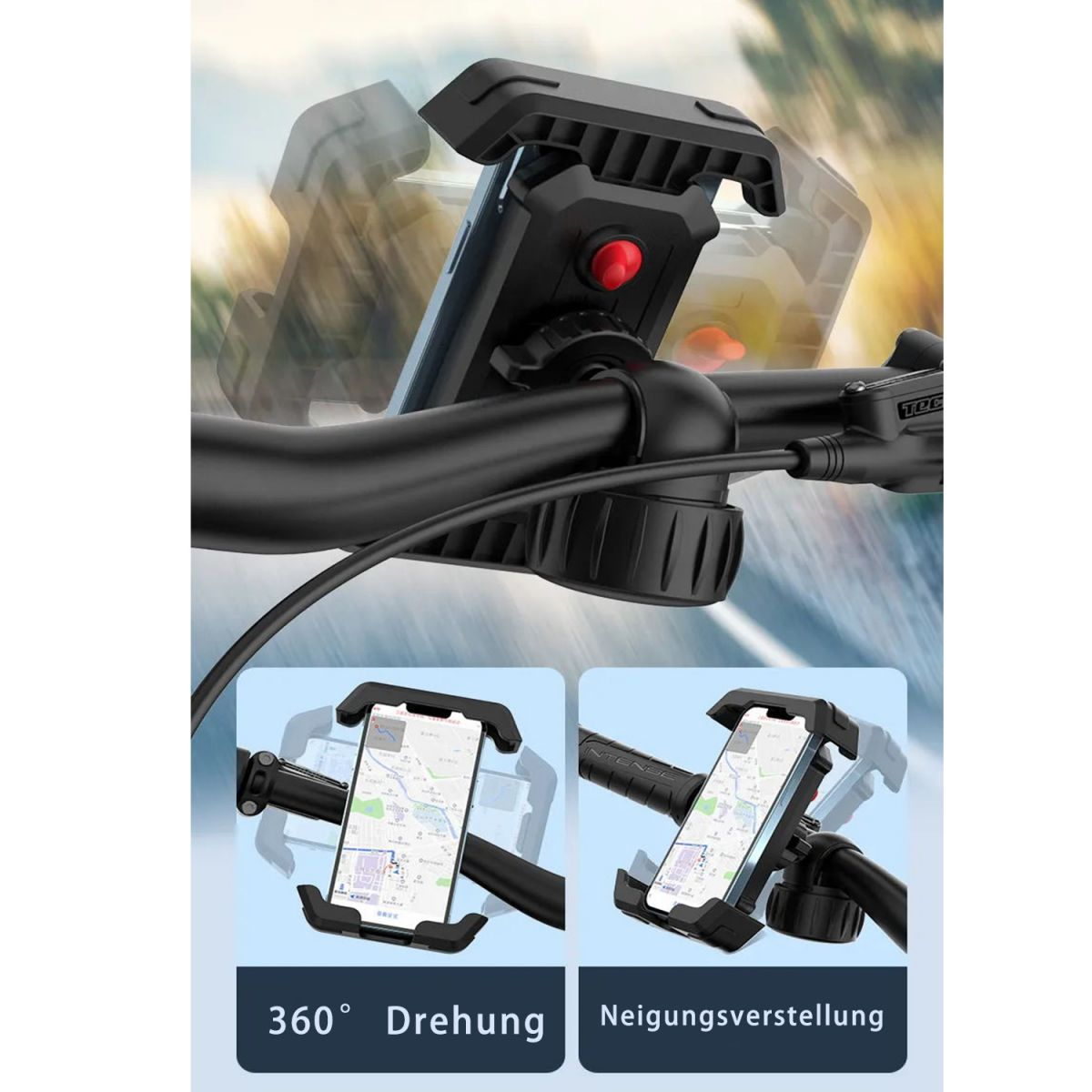 Fahrrad-Telefonhalterung, am Lenker befestigt. Ermöglicht 360°-Drehung und Winkeleinstellung.