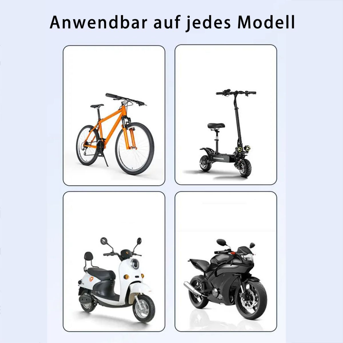 Bilder verschiedener Fahrzeuge, darunter ein Fahrrad, Roller und Motorrad, auf weißem Hintergrund.