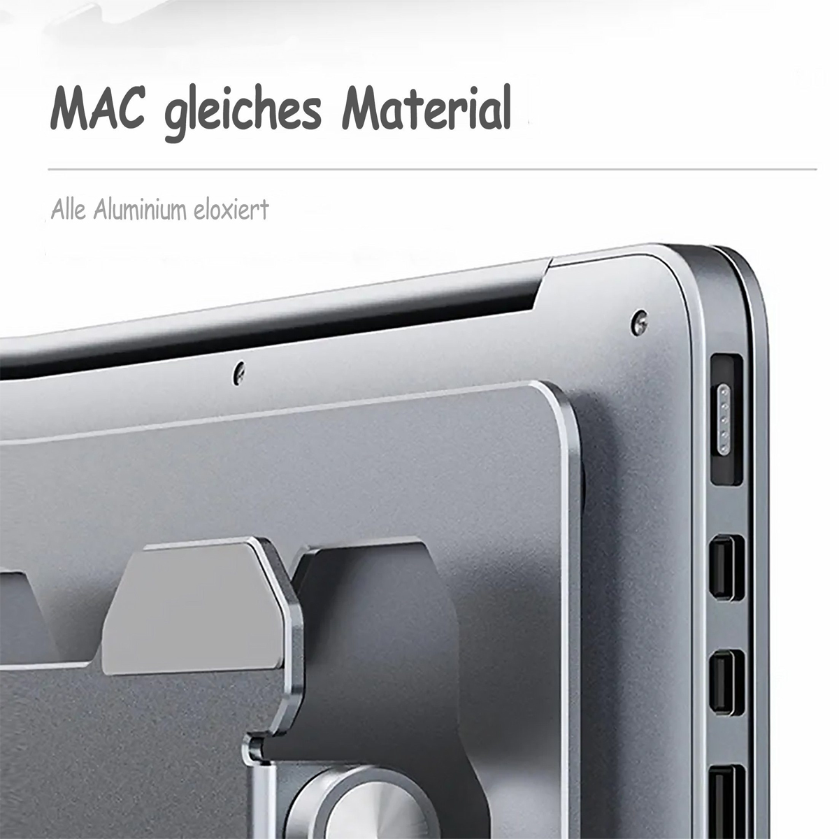 Nahaufnahme eines silbernen, metallischen Geräts mit dem Text 'MAC gleiches Material'.