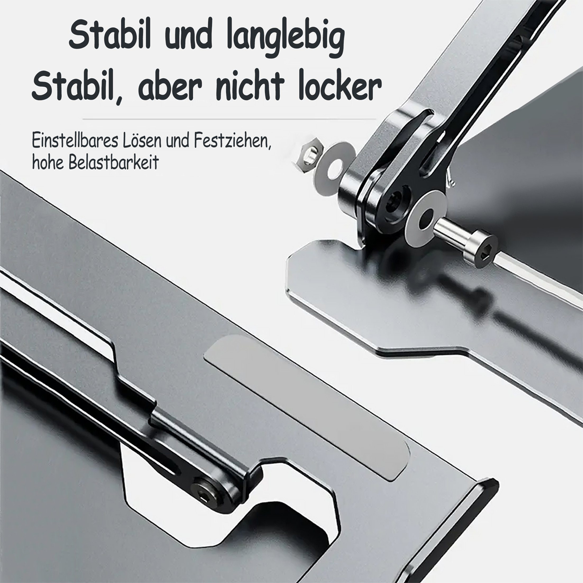Nahaufnahme von Metallteilen mit Schrauben und Muttern. Text sagt "Stabil und langlebig" und "Einstellbares Lösen".