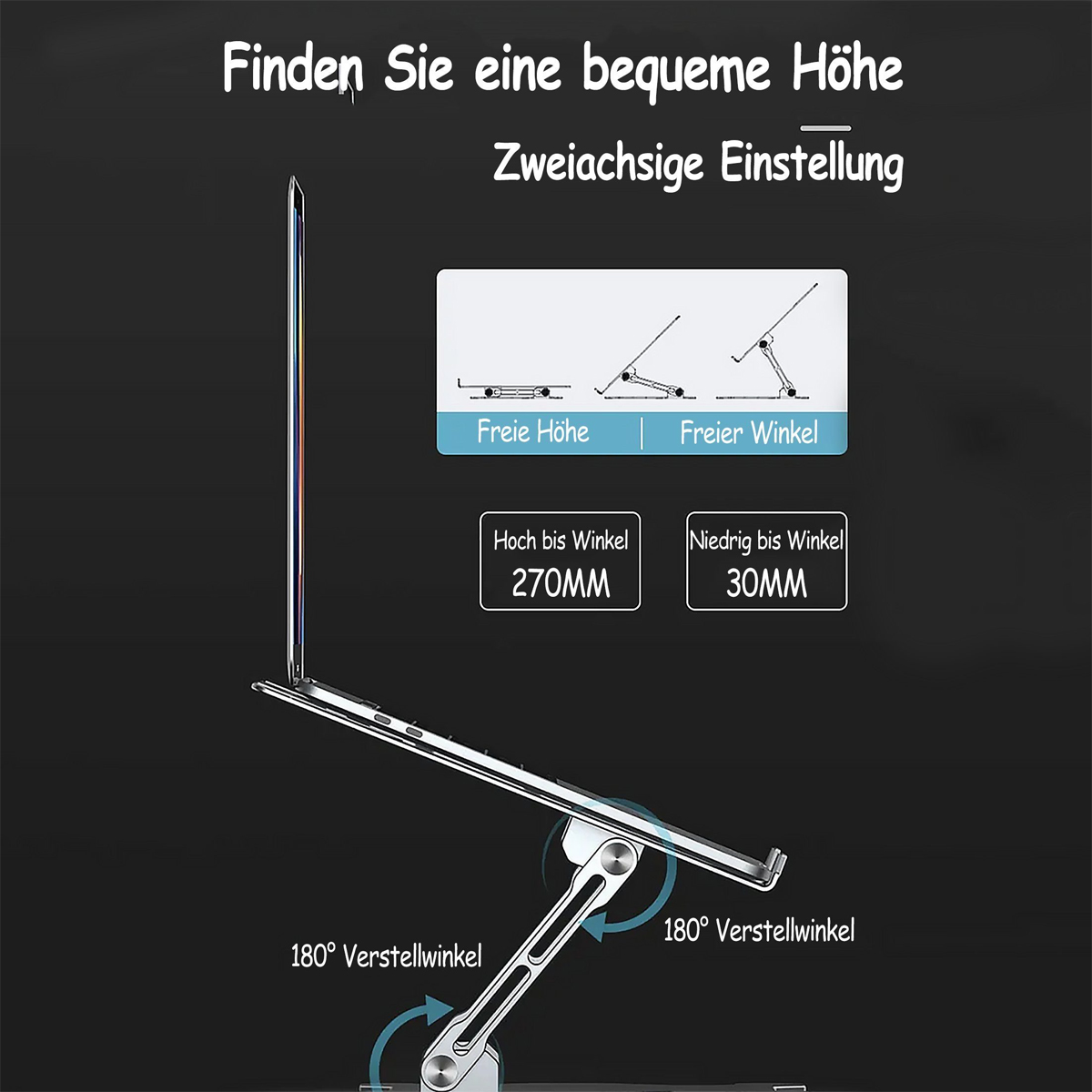 Laptopständer mit Diagrammen. Einstellbare Höhe und Winkel, schwarzer Hintergrund.