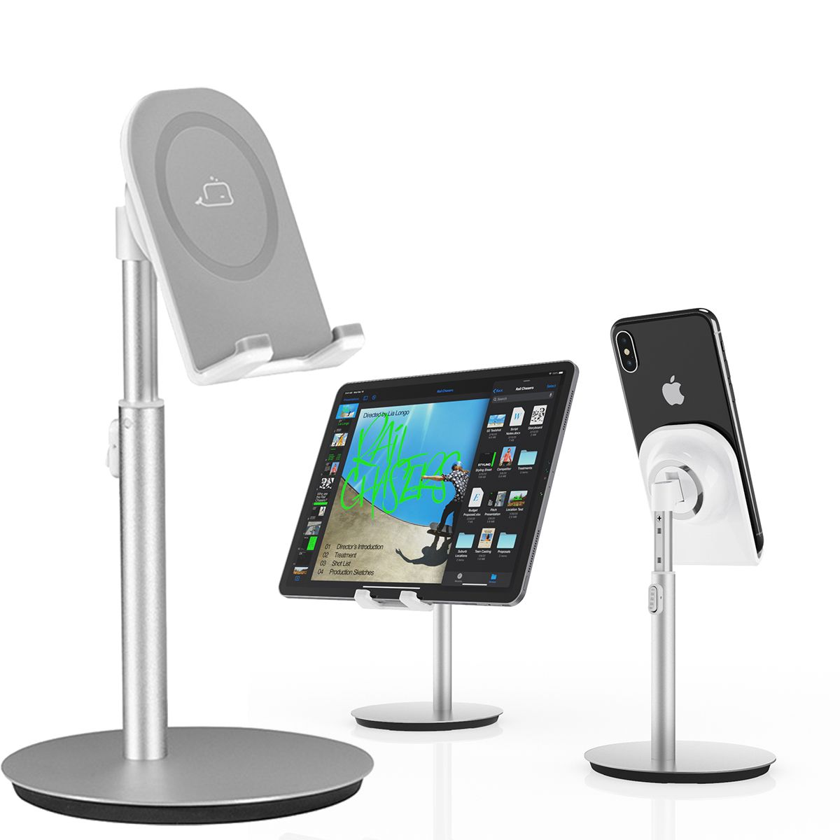 Drei Telefon-/Tablet-Ständer. Silber und weiß, einige mit Geräten darauf. Weißer Hintergrund.