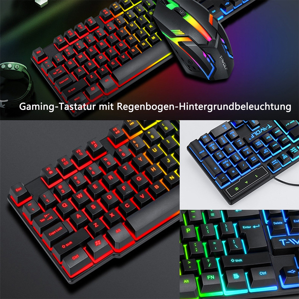 KINSI Gaming-Tastaturen,4-in-1 Tastatur Maus-Set,Kopfhörer,4 Mauspad, Schwarz Kopfhörer Maus, und Stück Tastatur, Tastensatz, und