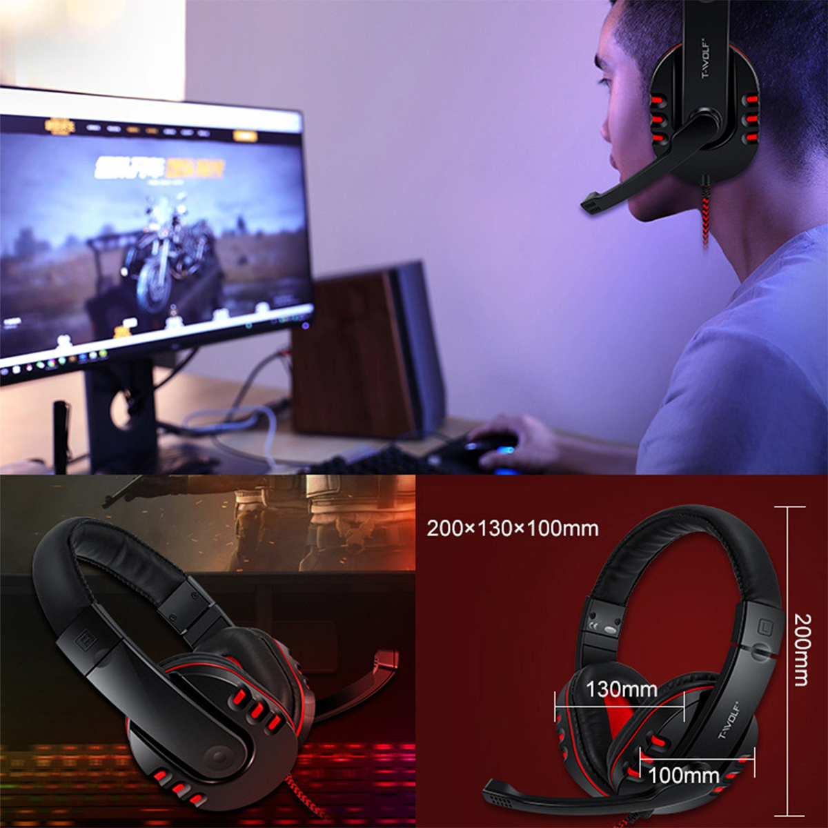Eine Person, die ein Gaming-Headset benutzt. Das Bild zeigt das Headset und seine Abmessungen.