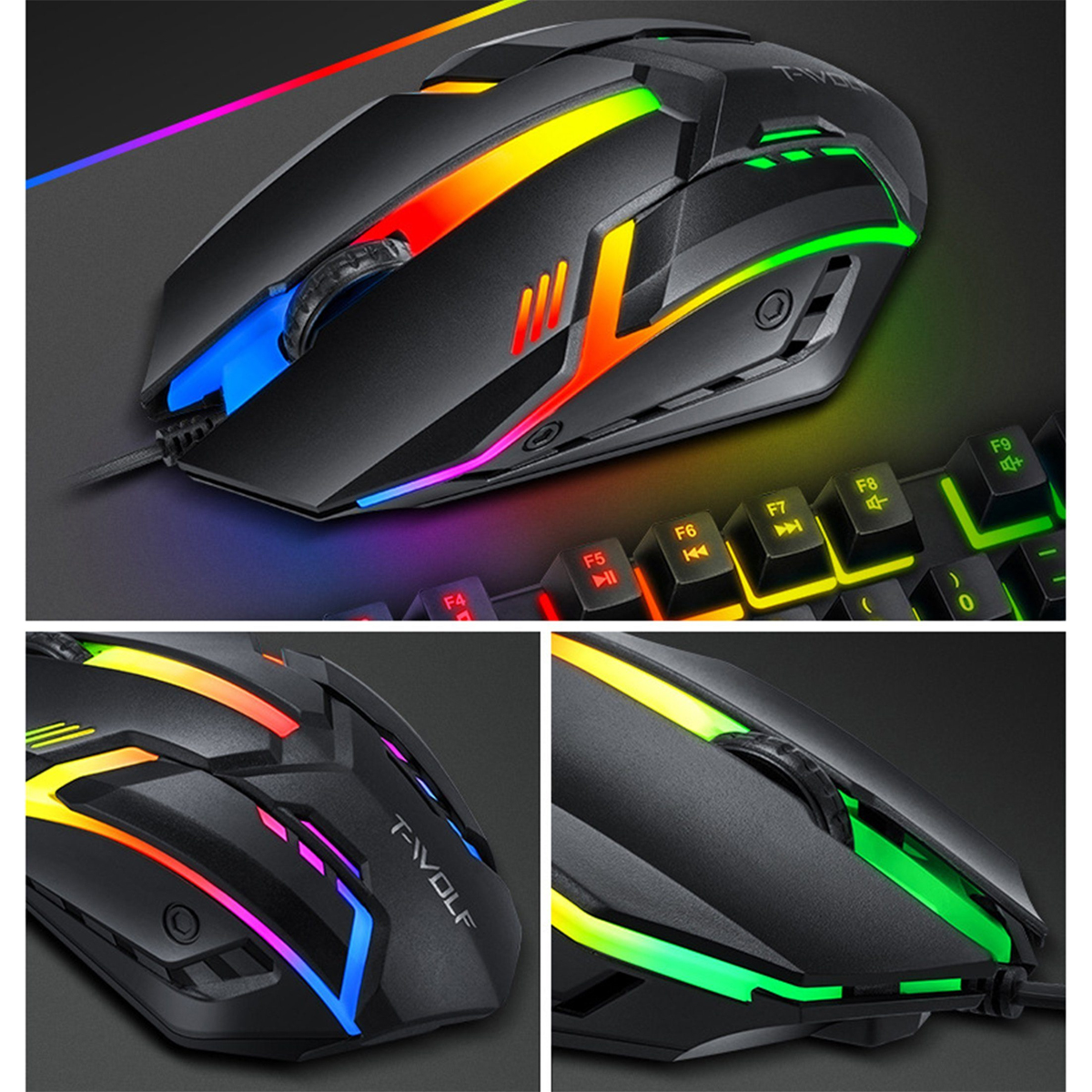 Czarna mysz do gier z oświetleniem RGB i klawiaturą w tle. Zbliżenia pokazują szczegóły.