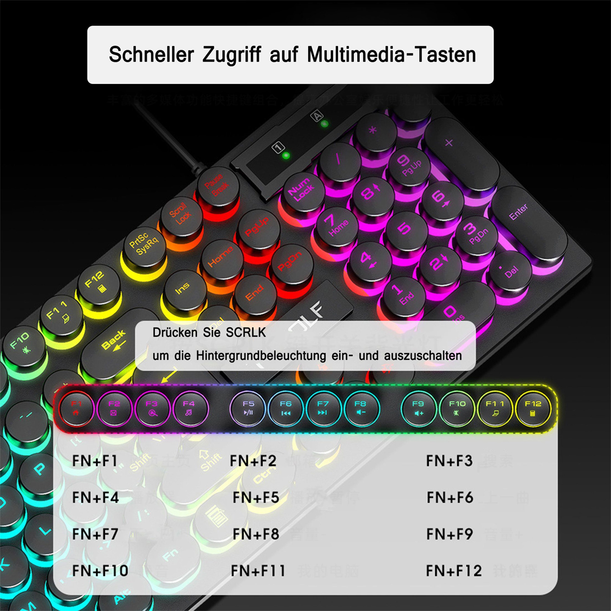 Czarna klawiatura z podświetlanymi klawiszami i czerwonymi akcentami, z nakładką w języku niemieckim.