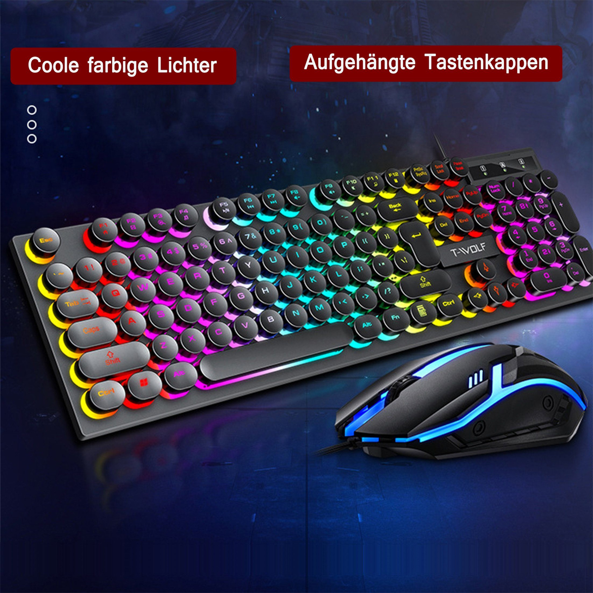 Gaming-Tastatur mit bunten Tasten und Maus, schwarz und blaues Licht. Deutscher Text oben.
