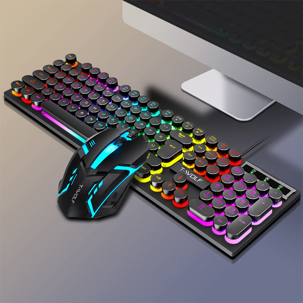 KINSI Punk Gaming Tastatur mit Maus,Farbig Tasten,für Schwarz PC/Laptop Tastatur, beleuchtete Set, Maus Tastatur