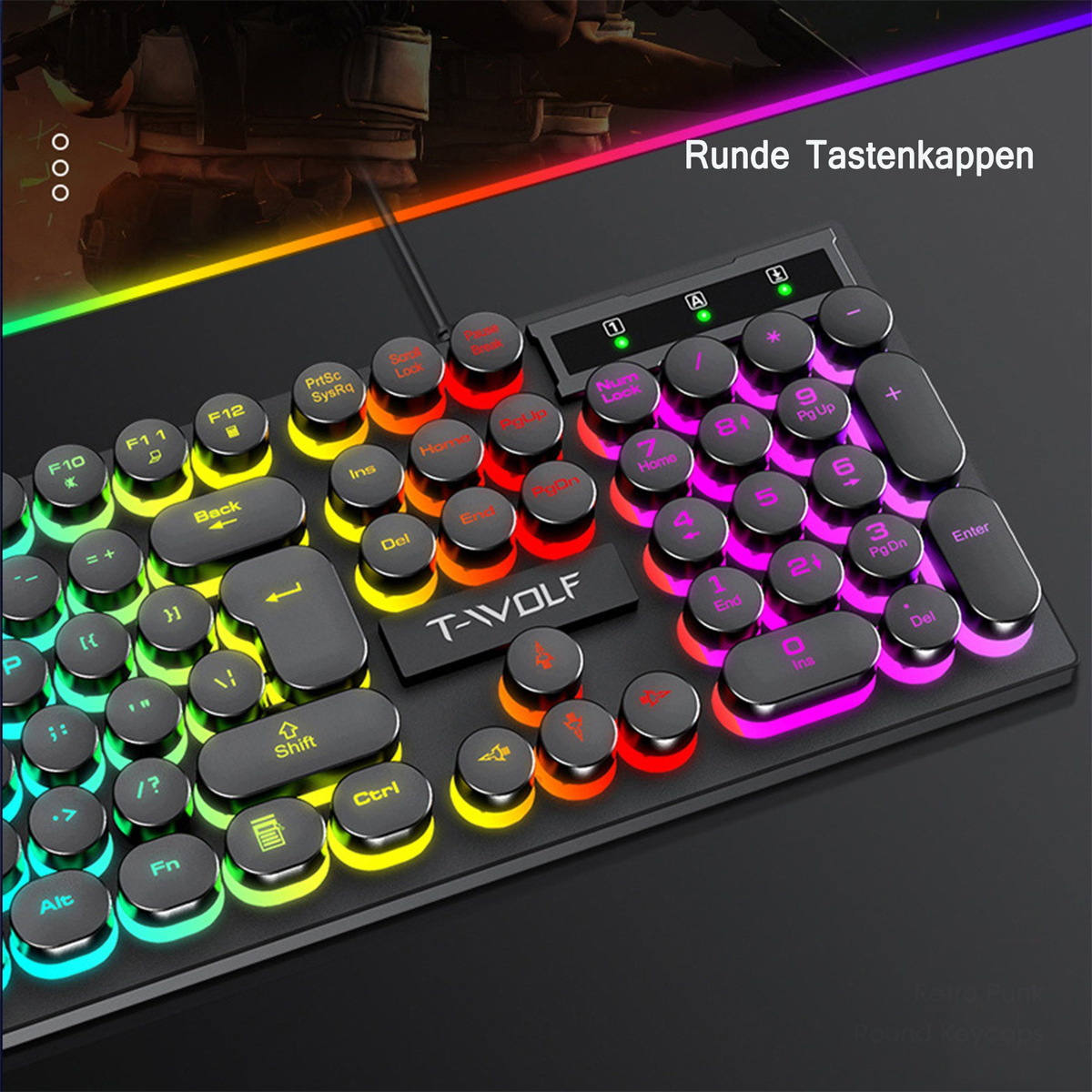 KINSI Punk Gaming Tastatur mit PC/Laptop Maus Maus,Farbig Tastatur Schwarz Set, Tastatur, beleuchtete Tasten,für