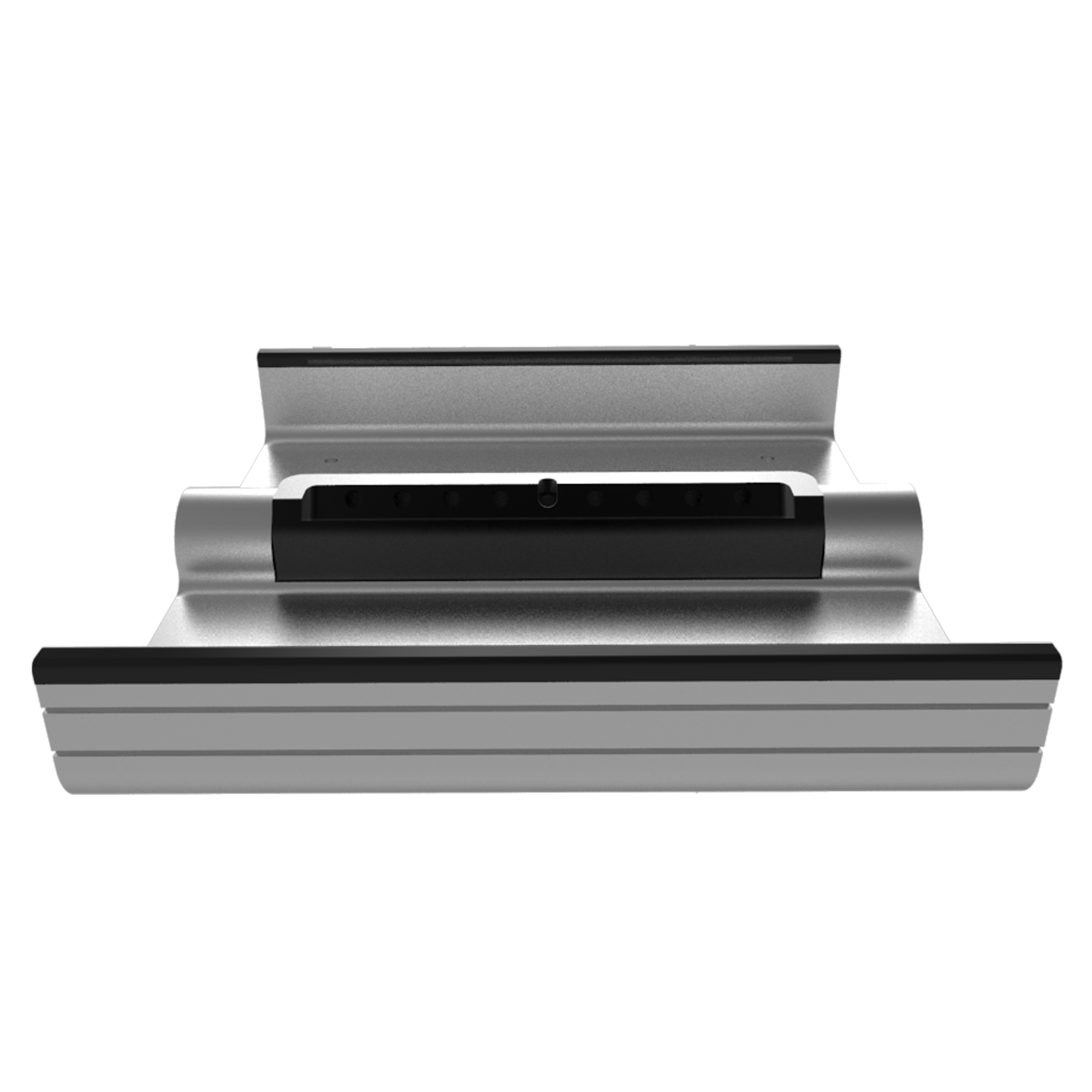 Silberner Tablet-Ständer mit Stütze und schwarzer Basis, aus hohem Winkel gesehen.