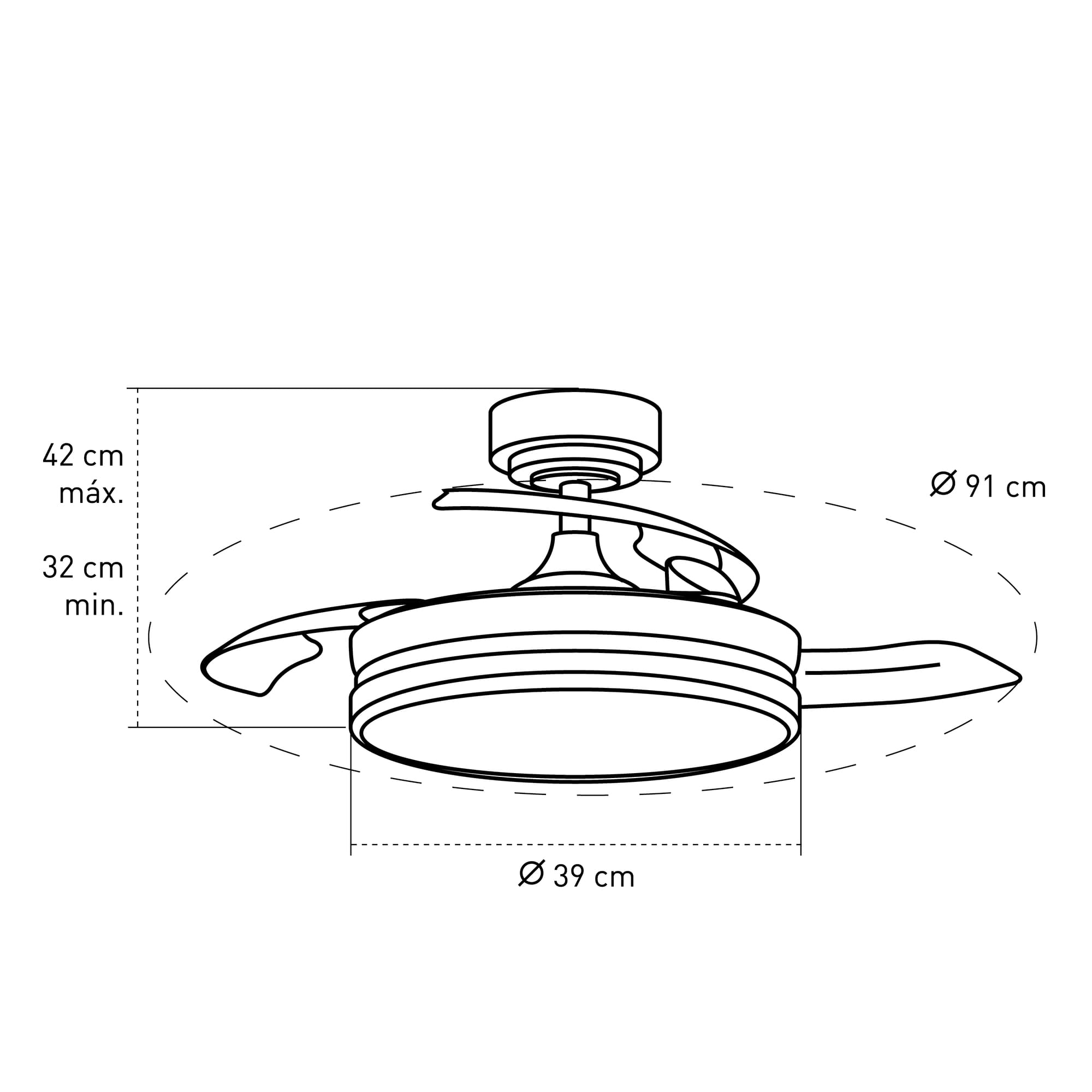 Diagrama con medidas de un ventilador de techo. Fondo blanco.