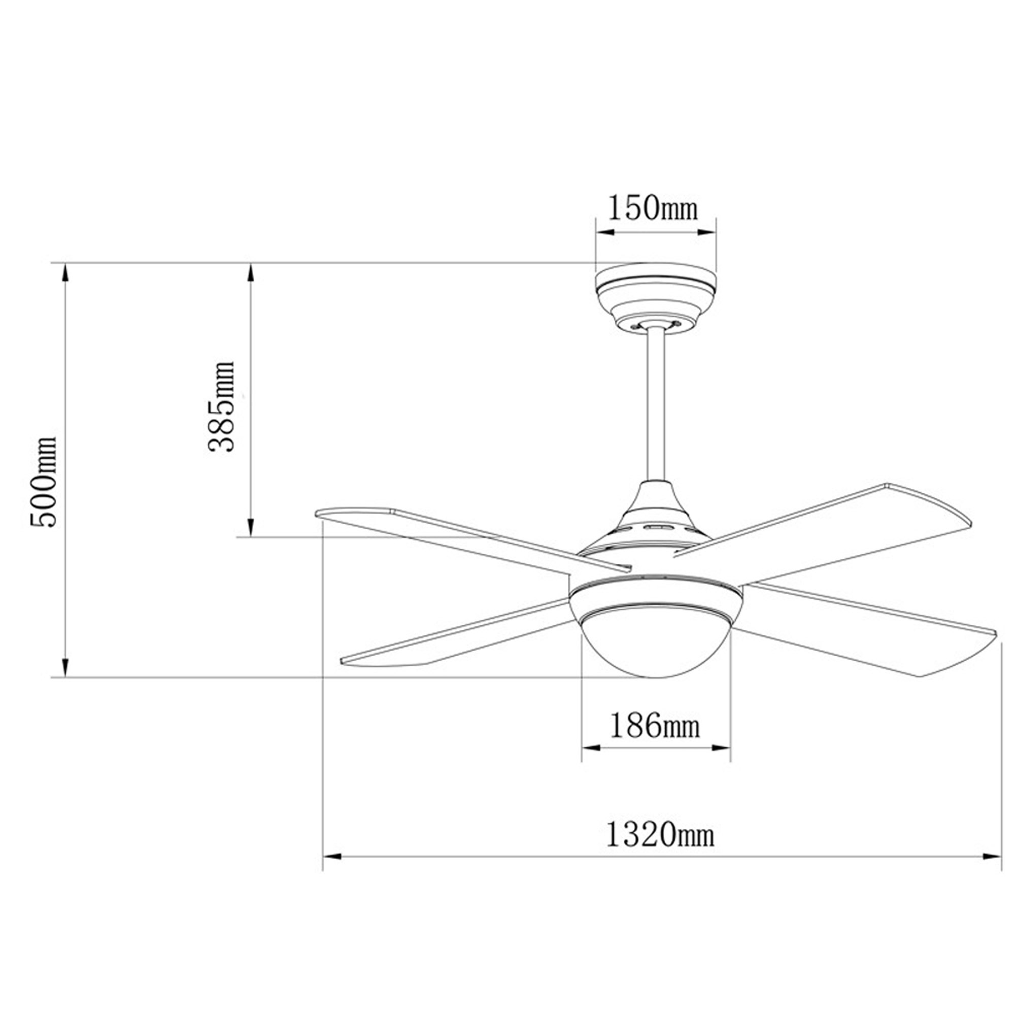 Diagrama de un ventilador de techo con dimensiones. Incluye medidas para las aspas y la altura total.