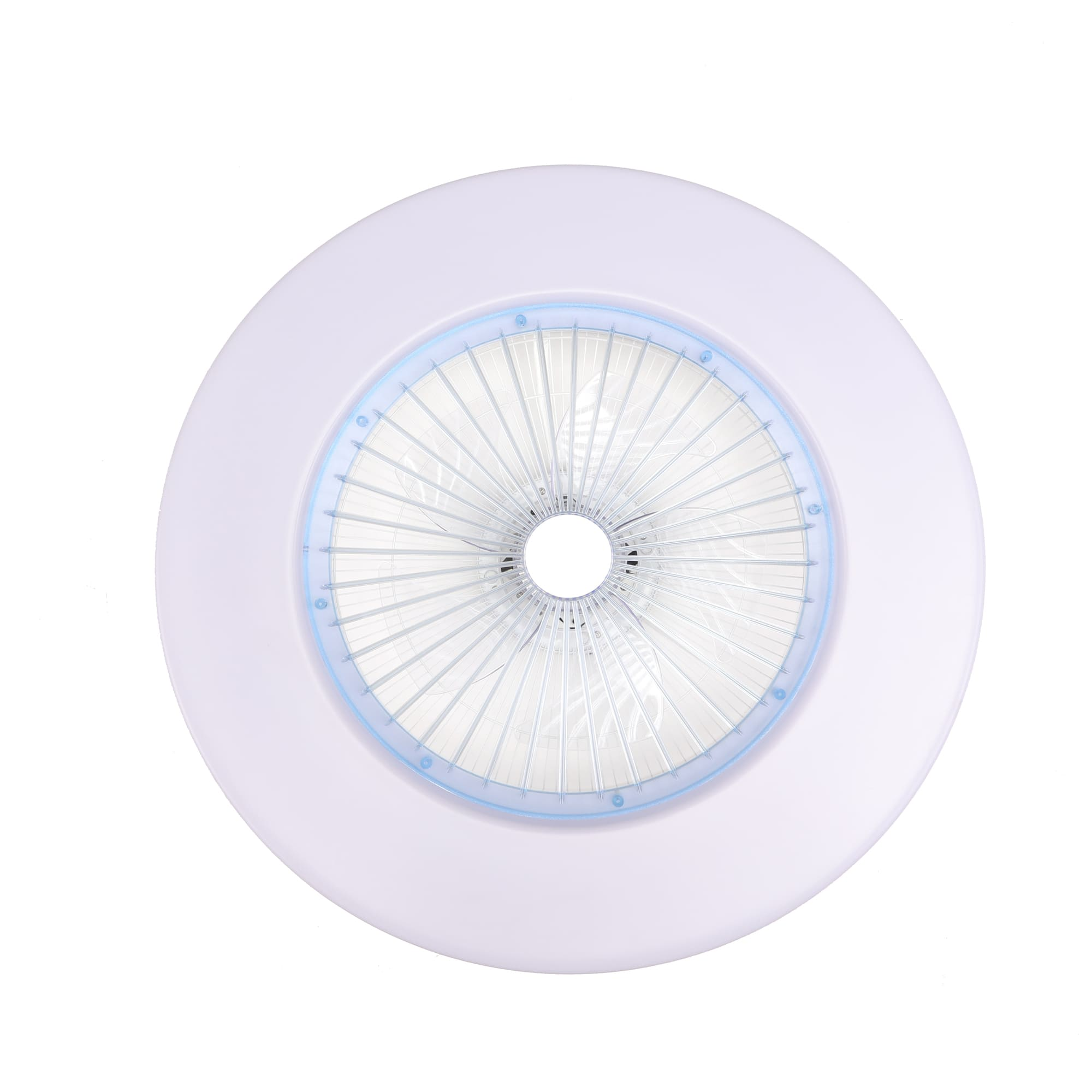 Vista cenital de un ventilador de techo blanco con un anillo de luz azul.