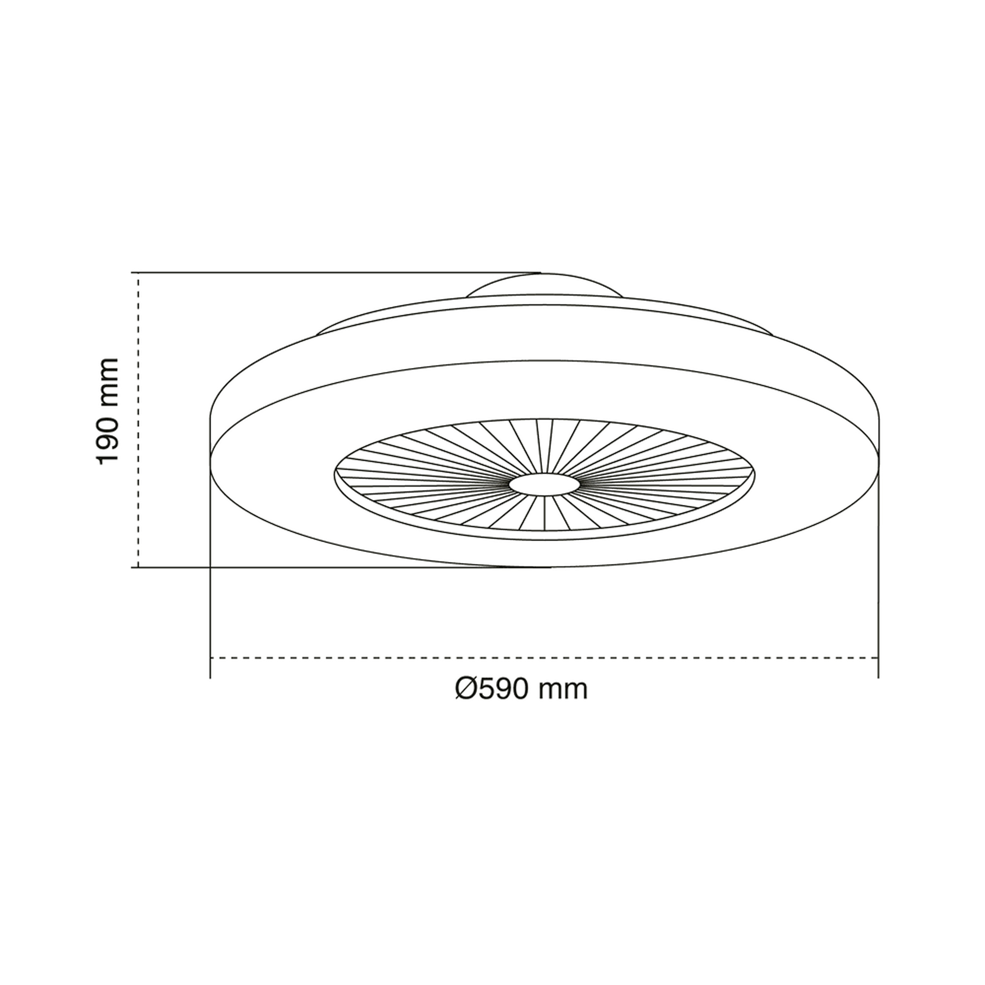 Dibujo lineal de un ventilador de techo, mostrando dimensiones. El ventilador es redondo con una lámpara central.