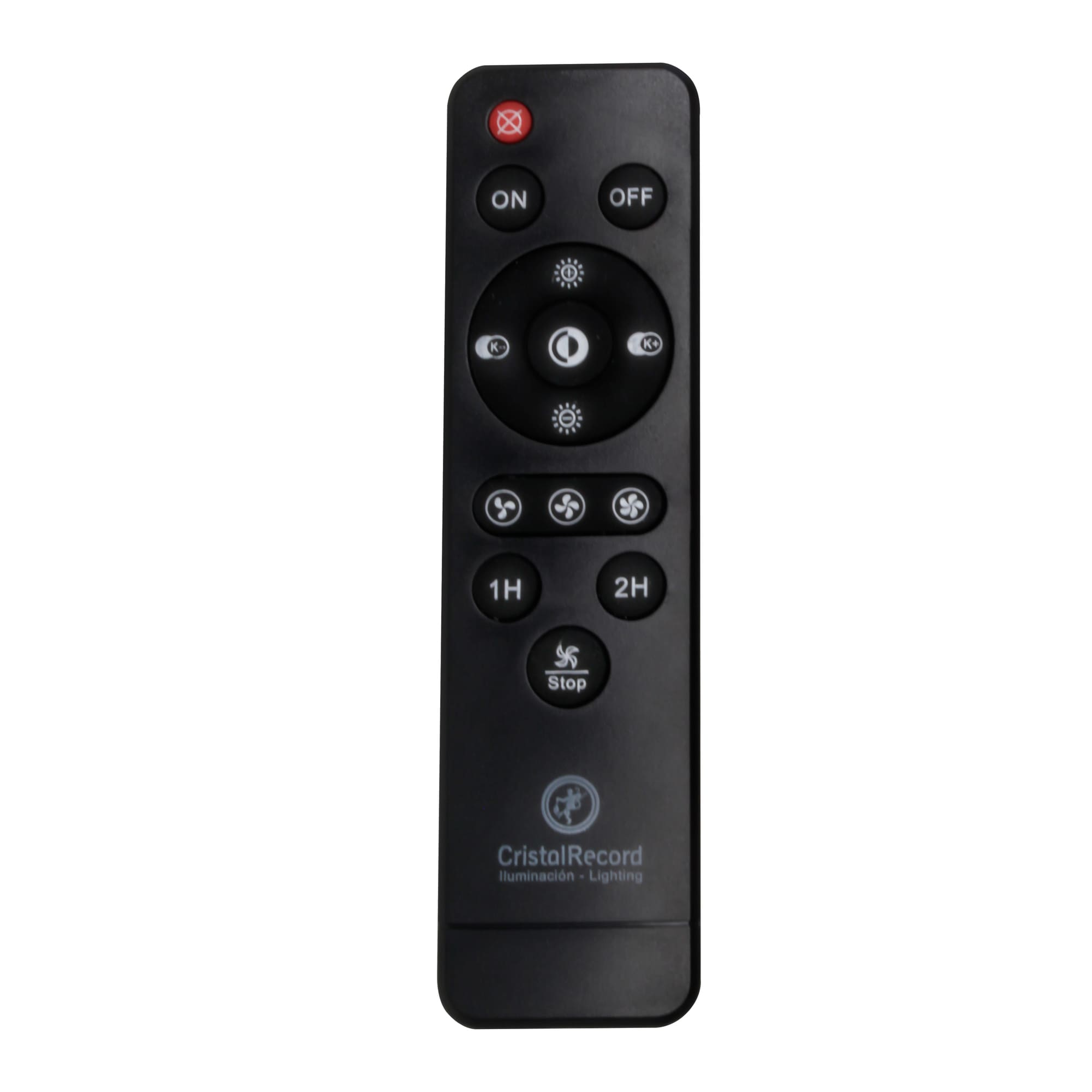Un control remoto negro con múltiples botones, incluyendo encendido/apagado, velocidad del ventilador y temporizador.