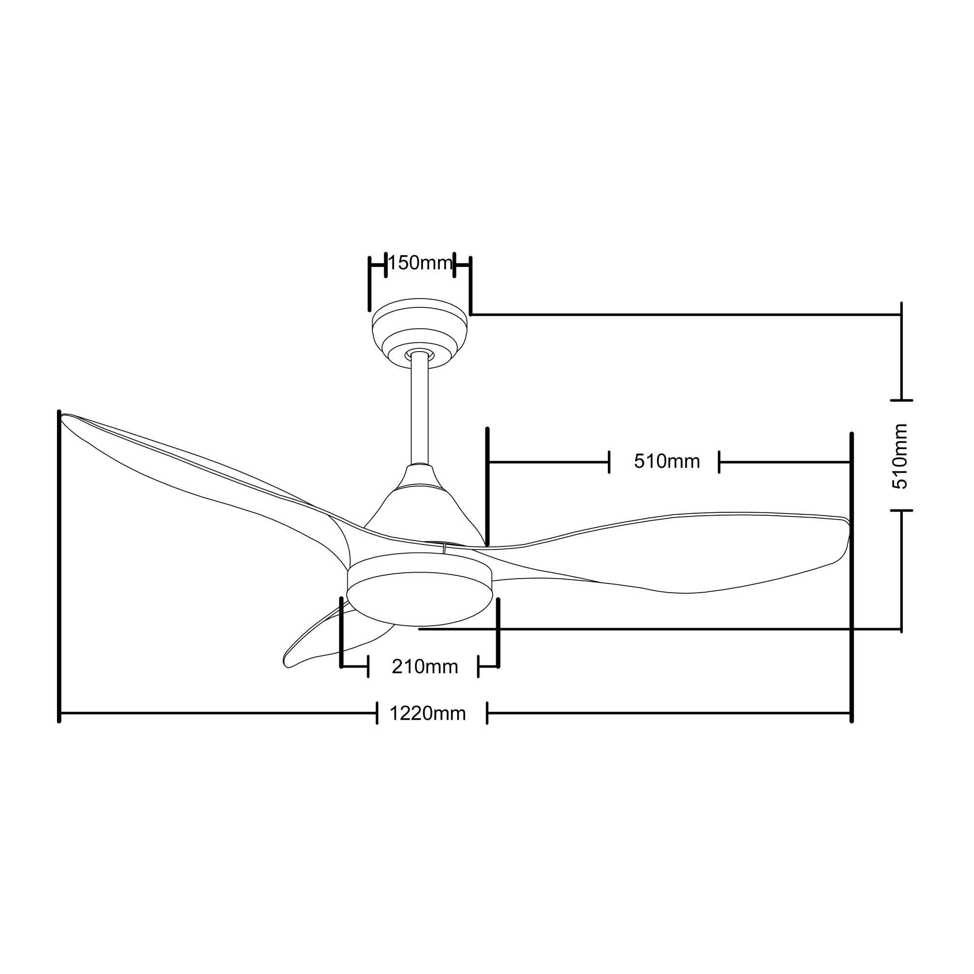 Dibujo lineal de un ventilador de techo con medidas y dimensiones.