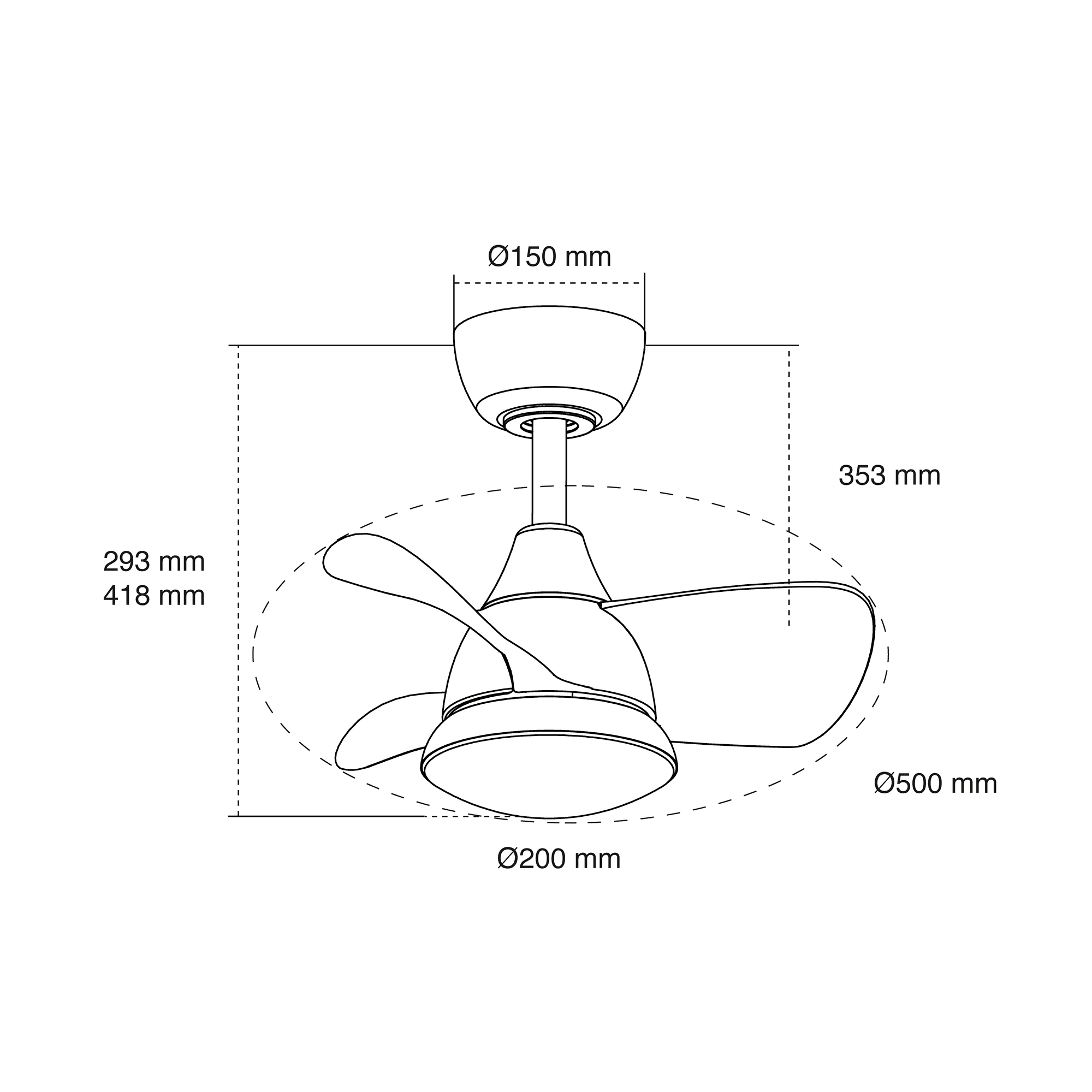 Dibujo técnico de un ventilador de techo con dimensiones, mostrando las aspas y la carcasa del motor.