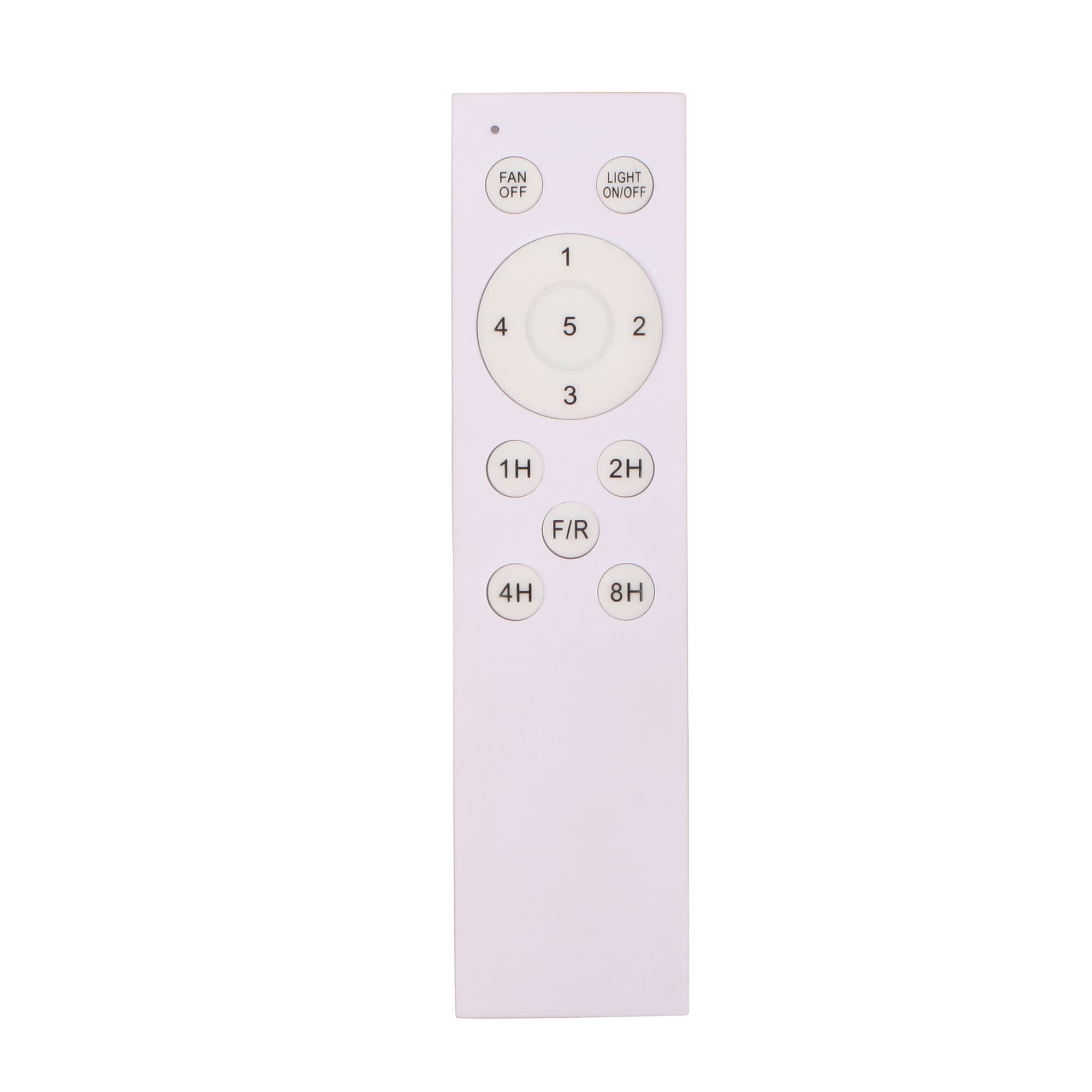 Mando a distancia blanco con botones para funciones de ventilador y luz.