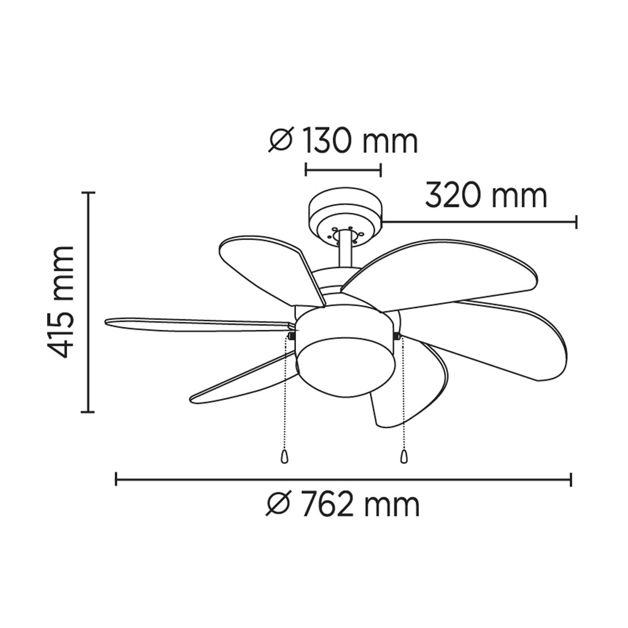 Un ventilador de techo con 5 aspas, medidas y dimensiones.