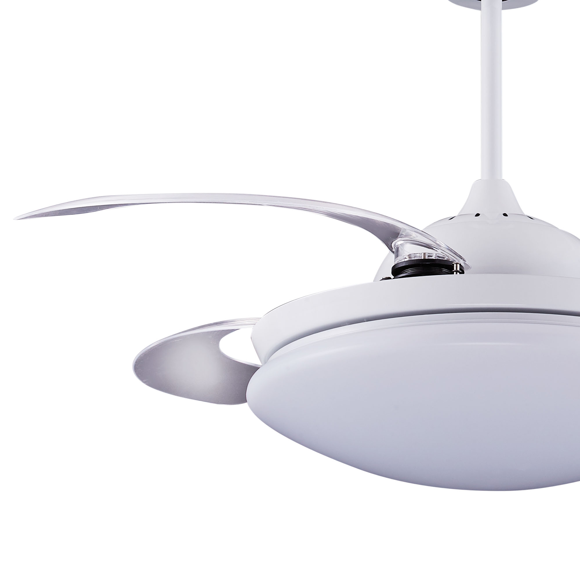 Ventilador de techo blanco con dos aspas y luz blanca.