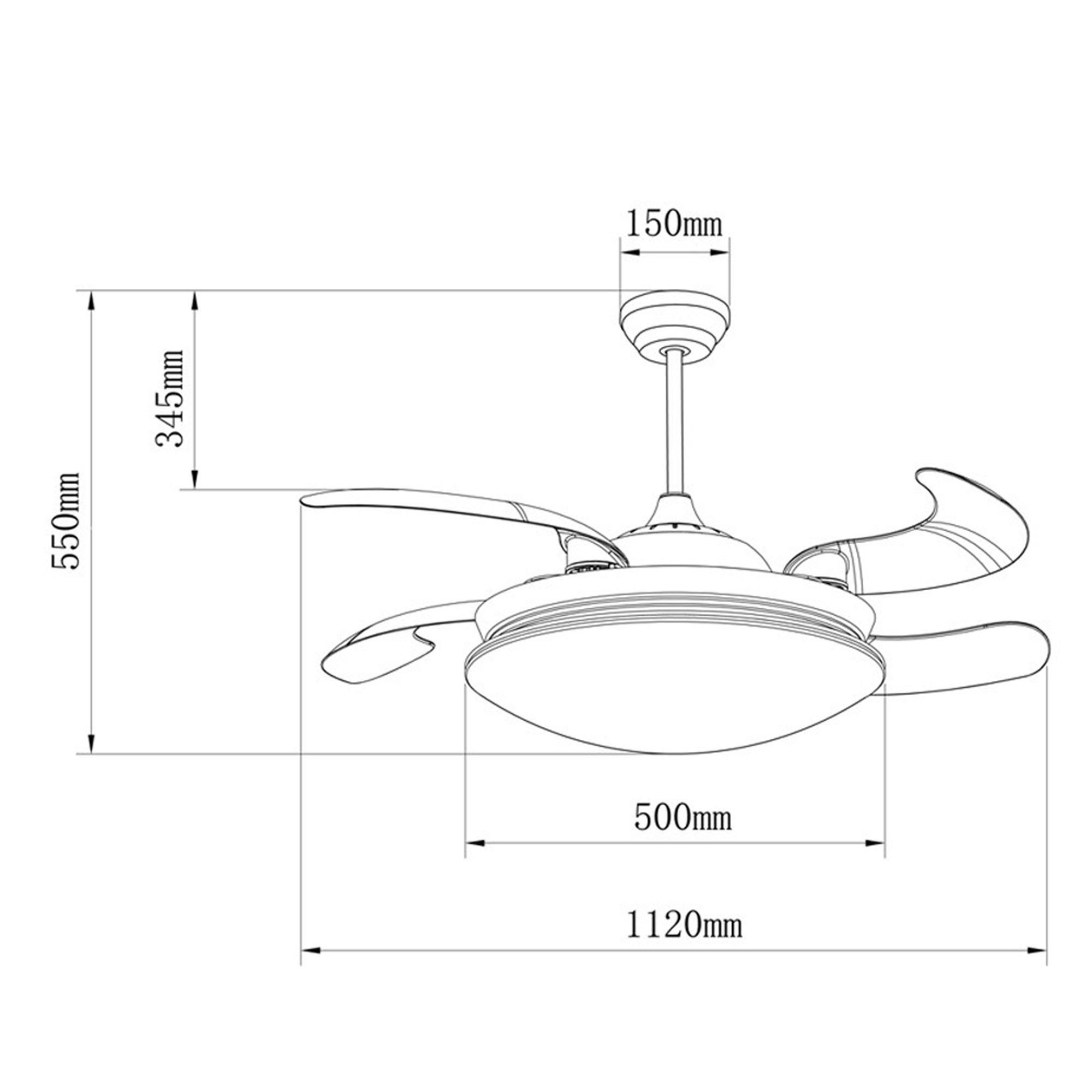 Diagrama de ventilador de techo con medidas: 550mm altura, 500mm ancho y 1120mm longitud total.