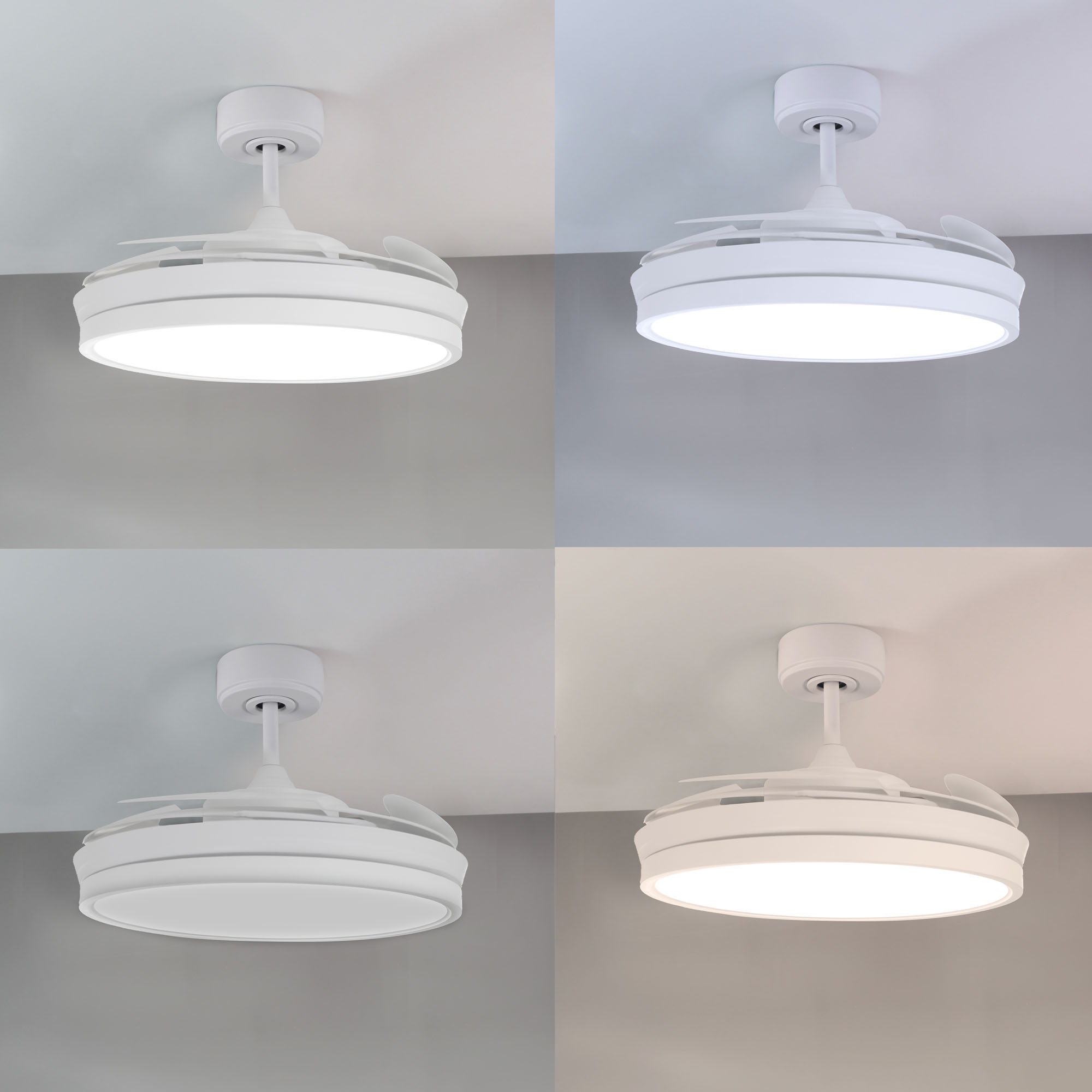 Una serie de imágenes de un ventilador de techo blanco con luz en diferentes modos.