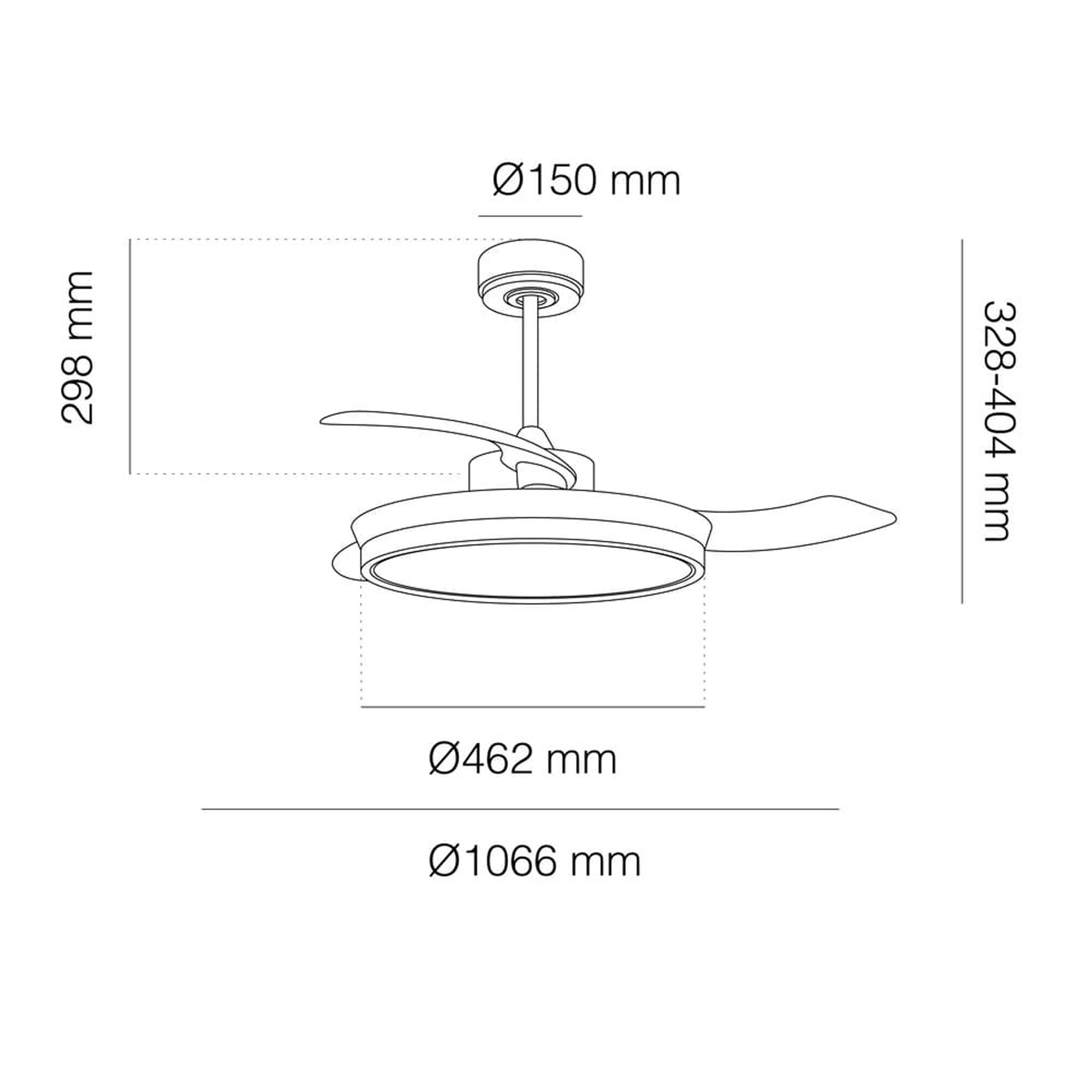 Dibujo lineal de un ventilador de techo. Tiene tres aspas y una lámpara central, con dimensiones indicadas.