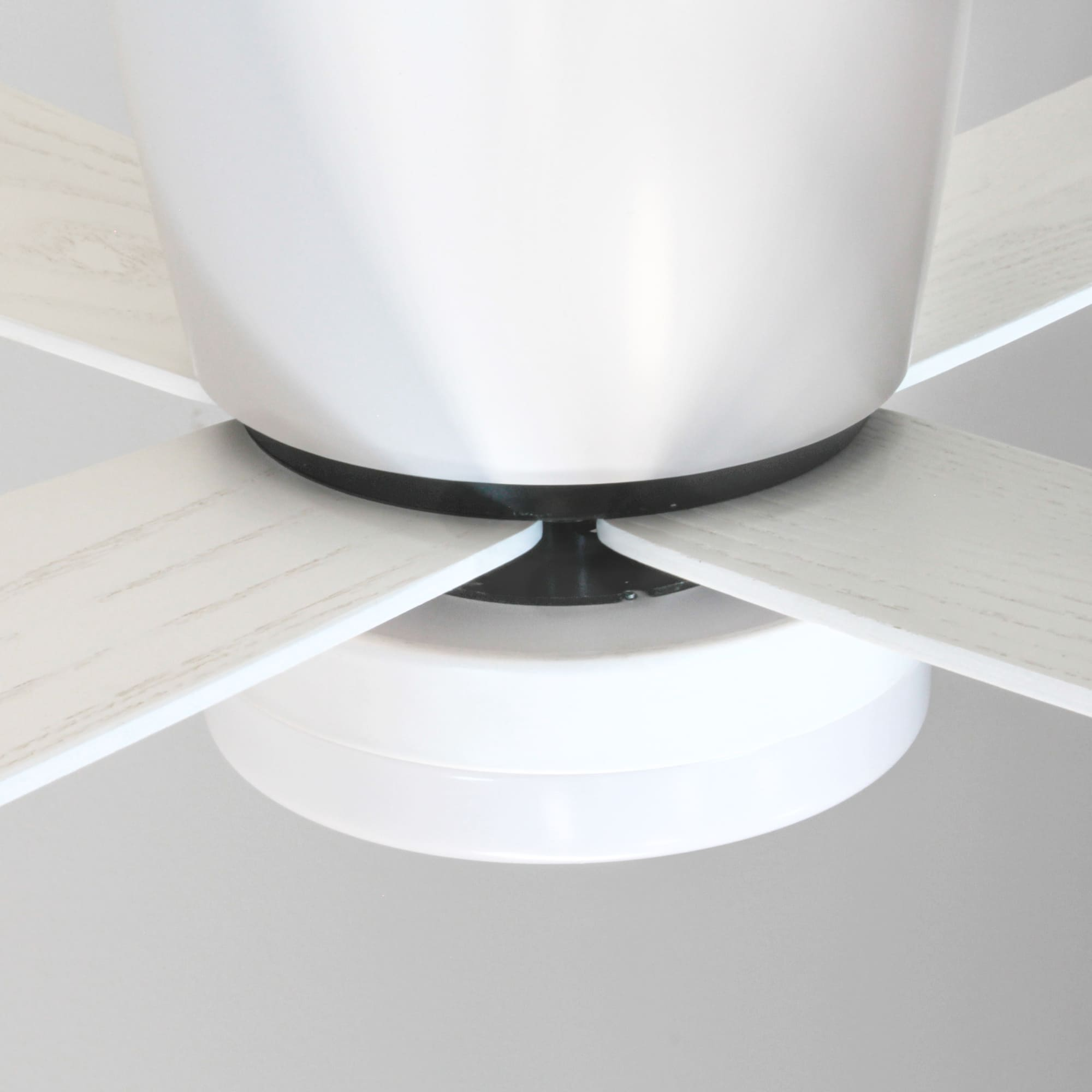 Motor y aspas de ventilador de techo blanco, vista de cerca contra un fondo claro.