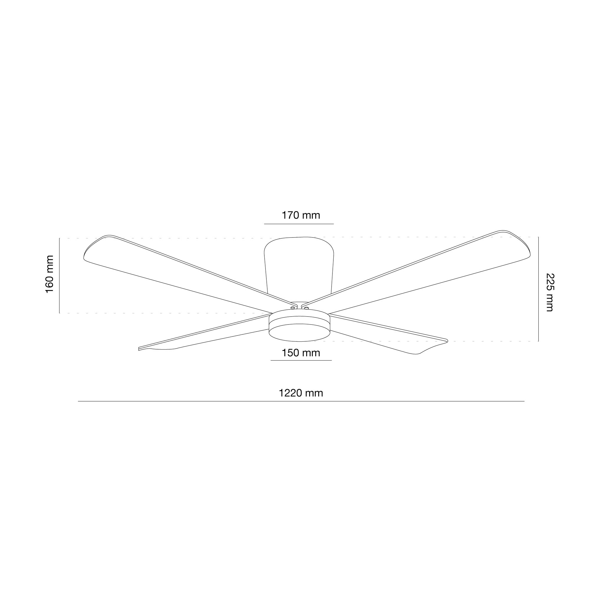 Un diagrama que muestra las dimensiones de un ventilador de techo. Se ven las medidas en milímetros del ventilador y las aspas.