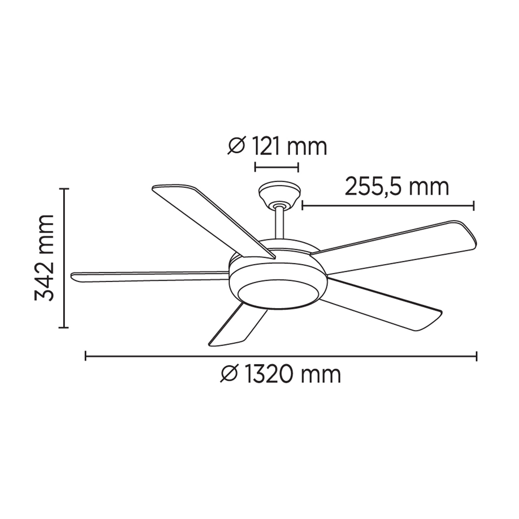 Diagrama de ventilador de techo con dimensiones: ancho 1320mm, altura 342mm, diámetro 121mm.