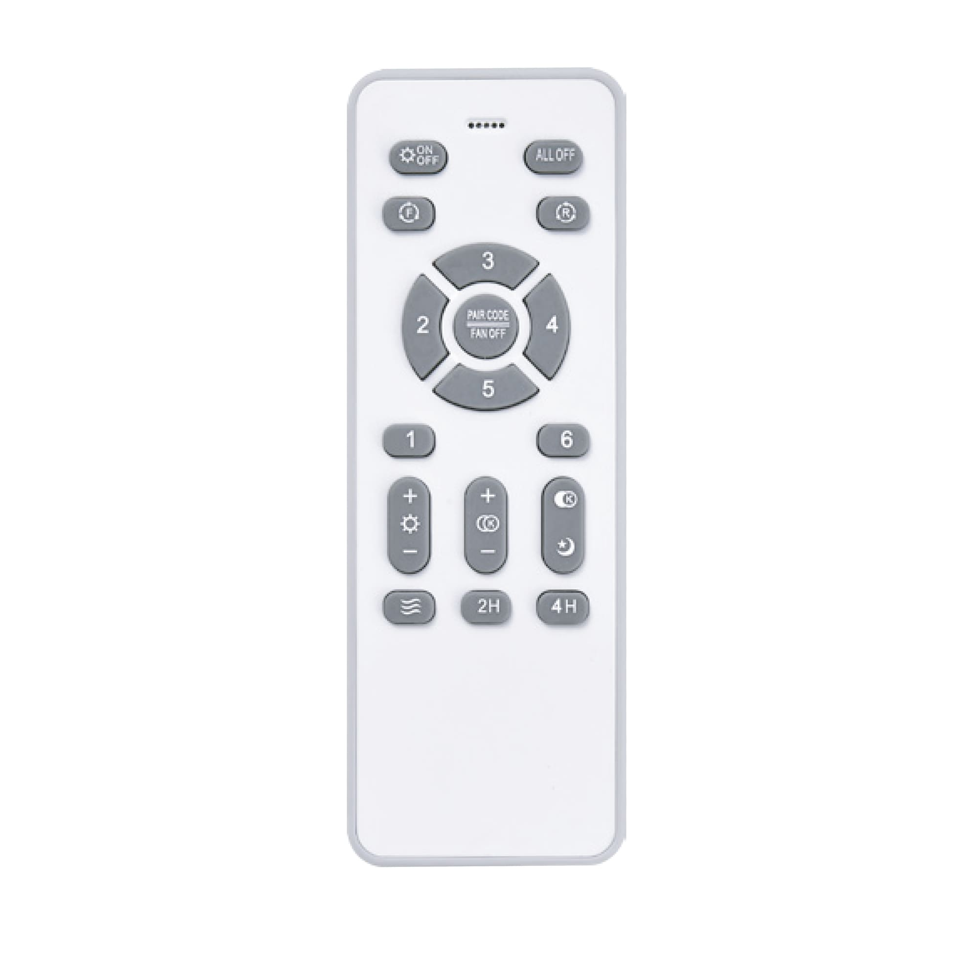 Mando a distancia blanco con múltiples botones para un ventilador de techo. Incluye encendido/apagado y control de velocidad.