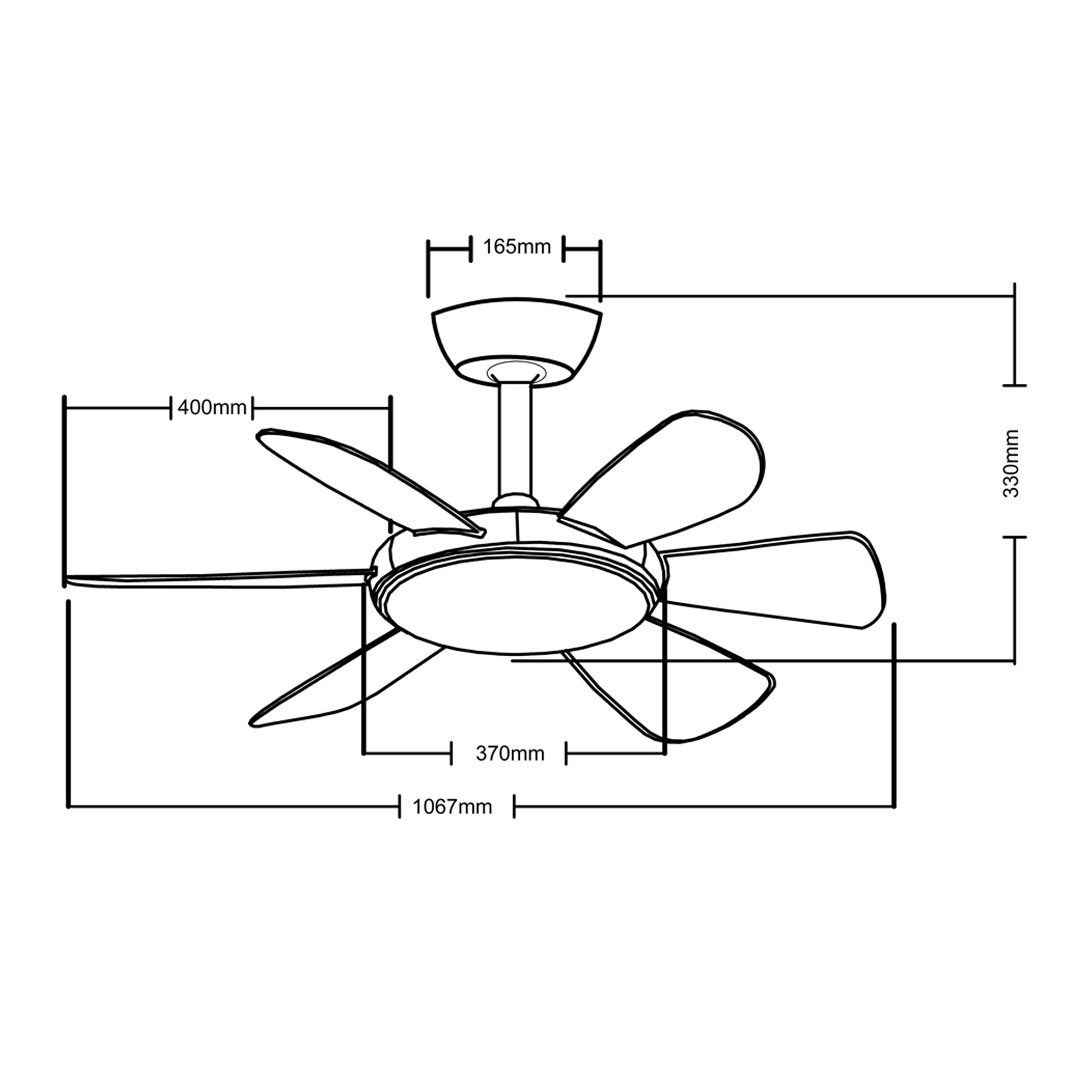 Diagrama de un ventilador de techo mostrando dimensiones.