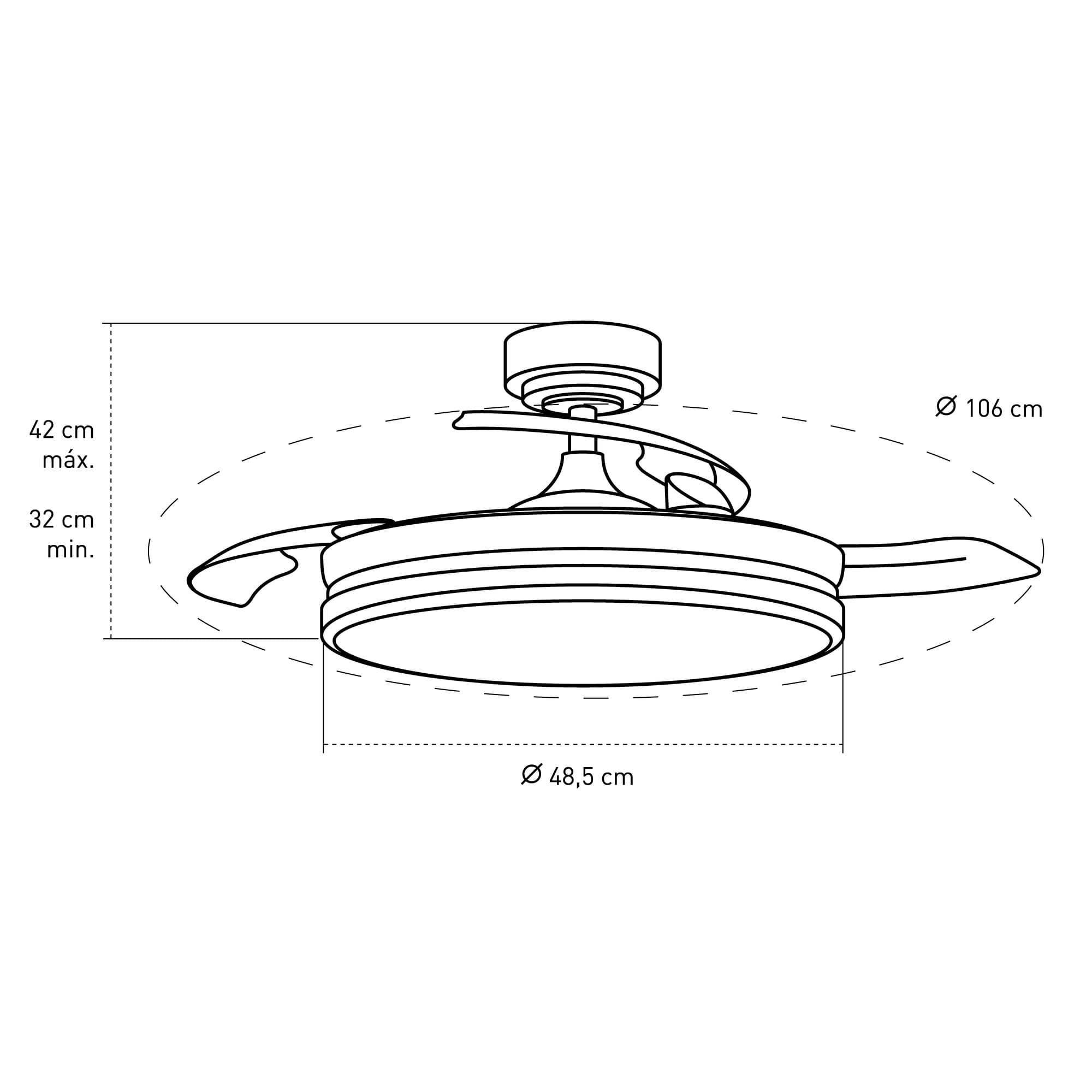 Dibujo lineal de un ventilador de techo con dimensiones, incluyendo medidas de diámetro y altura.