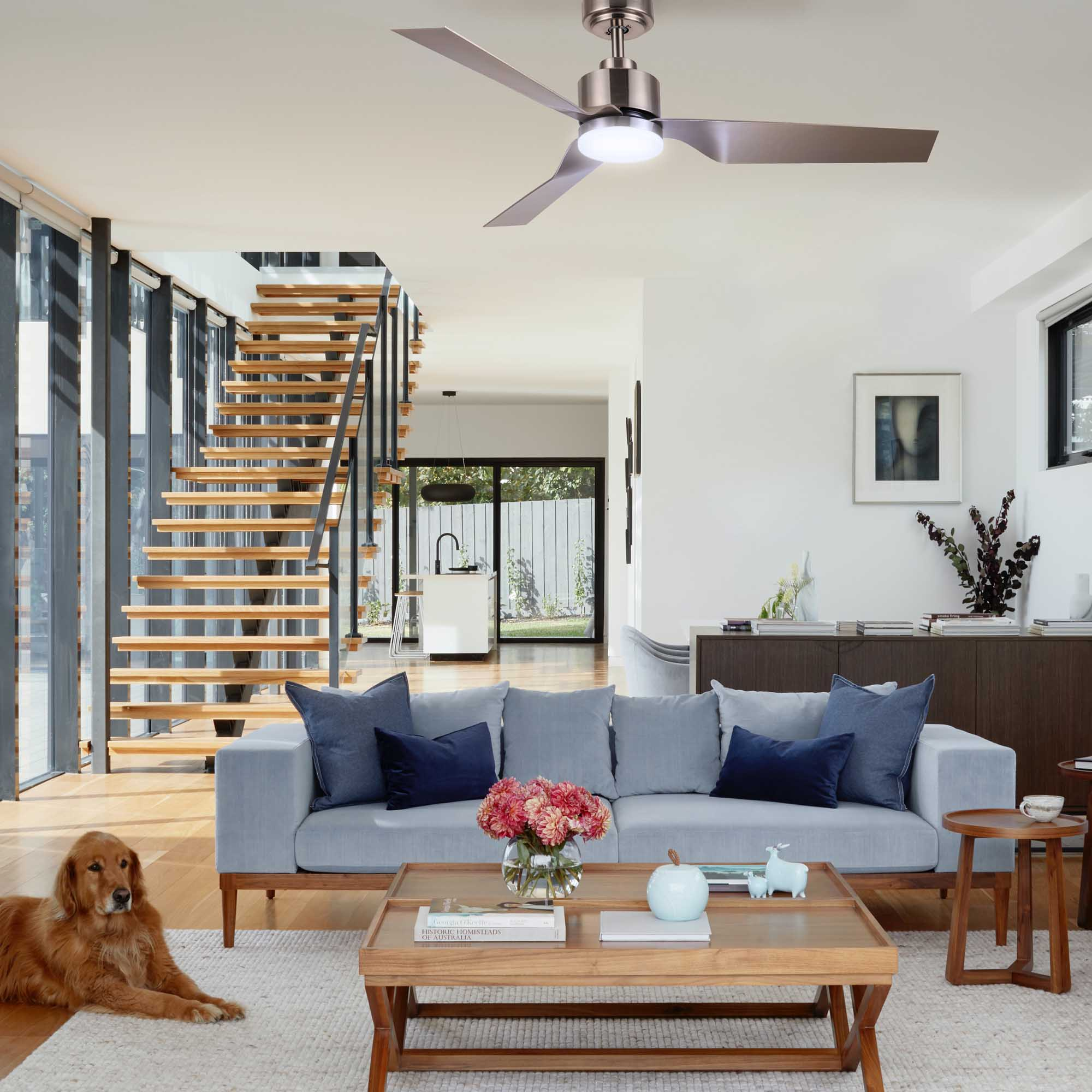 Sala de estar con ventilador de techo, sofá, mesa de centro, perro y escaleras. Luz natural brillante.