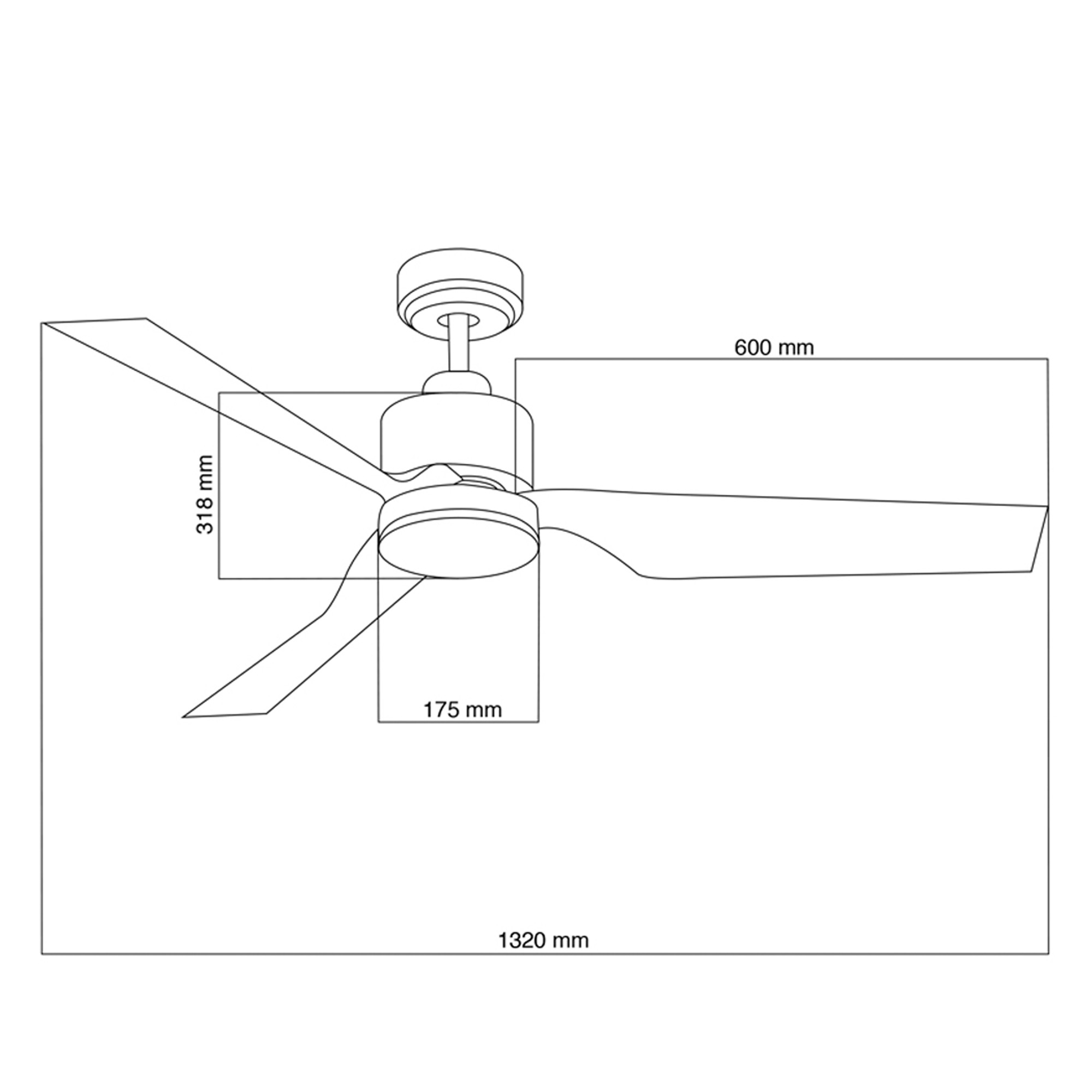 Dibujo lineal de un ventilador de techo. Se indican las dimensiones: 1320mm, 600mm, 318mm y 175mm.